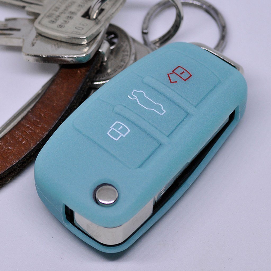 mt-key Schlüsseltasche Autoschlüssel Softcase Silikon Schutzhülle fluoreszierend Blau, für Audi A1 S1 A3 S3 A4 A6 S6 TT Q3 Q7 R8 8P 8V B7 C6 8J 8U 4L 8X