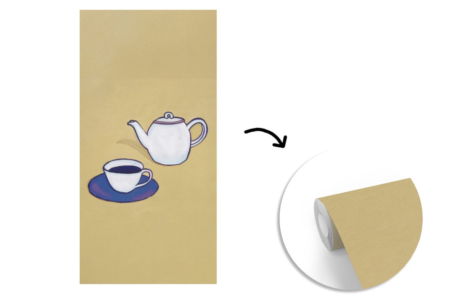 MuchoWow Fototapete Teekanne - Tasse - Beige - Illustration, Matt, bedruckt, Vliestapete für Wohnzimmer Schlafzimmer Küche, Fototapete, 120x240 cm