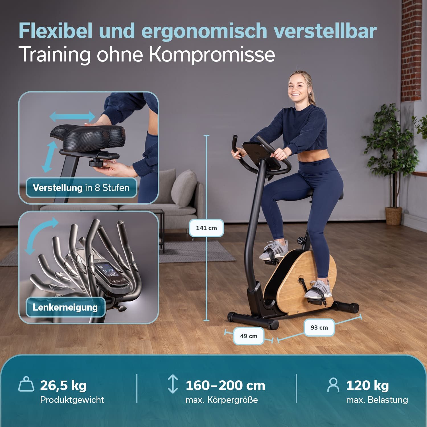 Skandika Ergometer Treliv P8, Heimtrainer aus Eisen mit Holz, LED Display, 22 Programme (Transportrollen, Tablet-Halterung, Kinomap App kompatibel, bis 120 kg), Magnetbremse 32 Stufen, Sattel & Lenker verstellbar, Bluetooth
