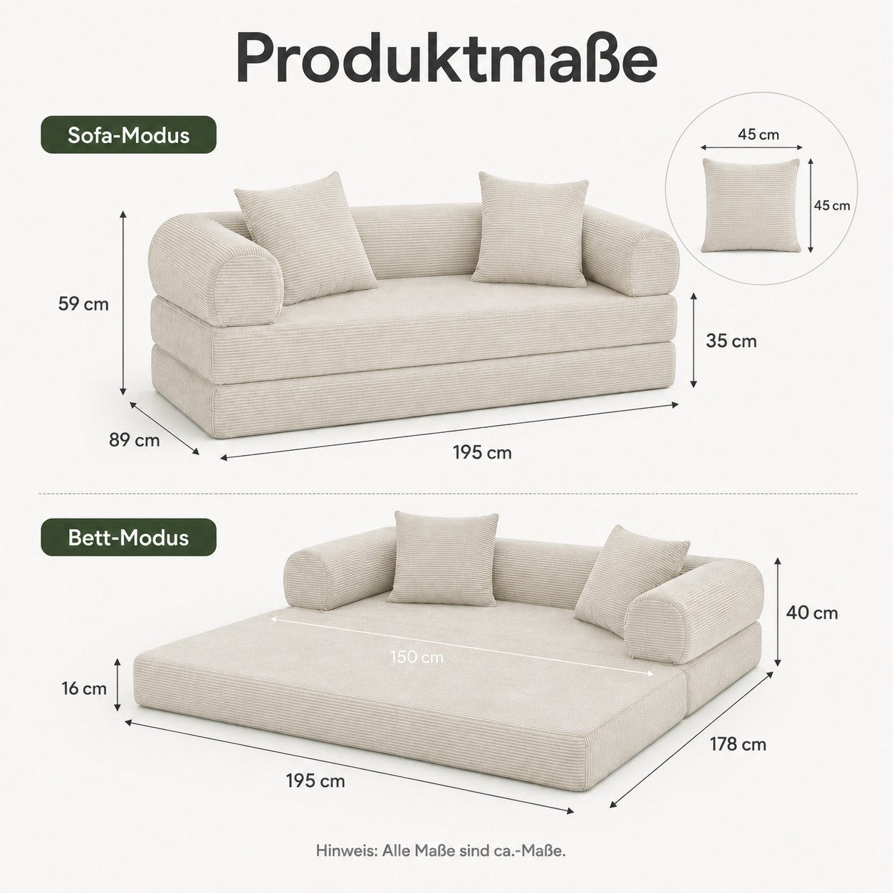 ANYSUN Sofa 3-Sitzer Schlafsofa Cord,Boden Schlafsofa Convertible, Sofas wohnzimmer Loungesofa Schlafcouch Tagesbett mit Schlaffunktion, (195x89 CM) geeignet für Apartments Wohnzimmer, Schlafzimmer