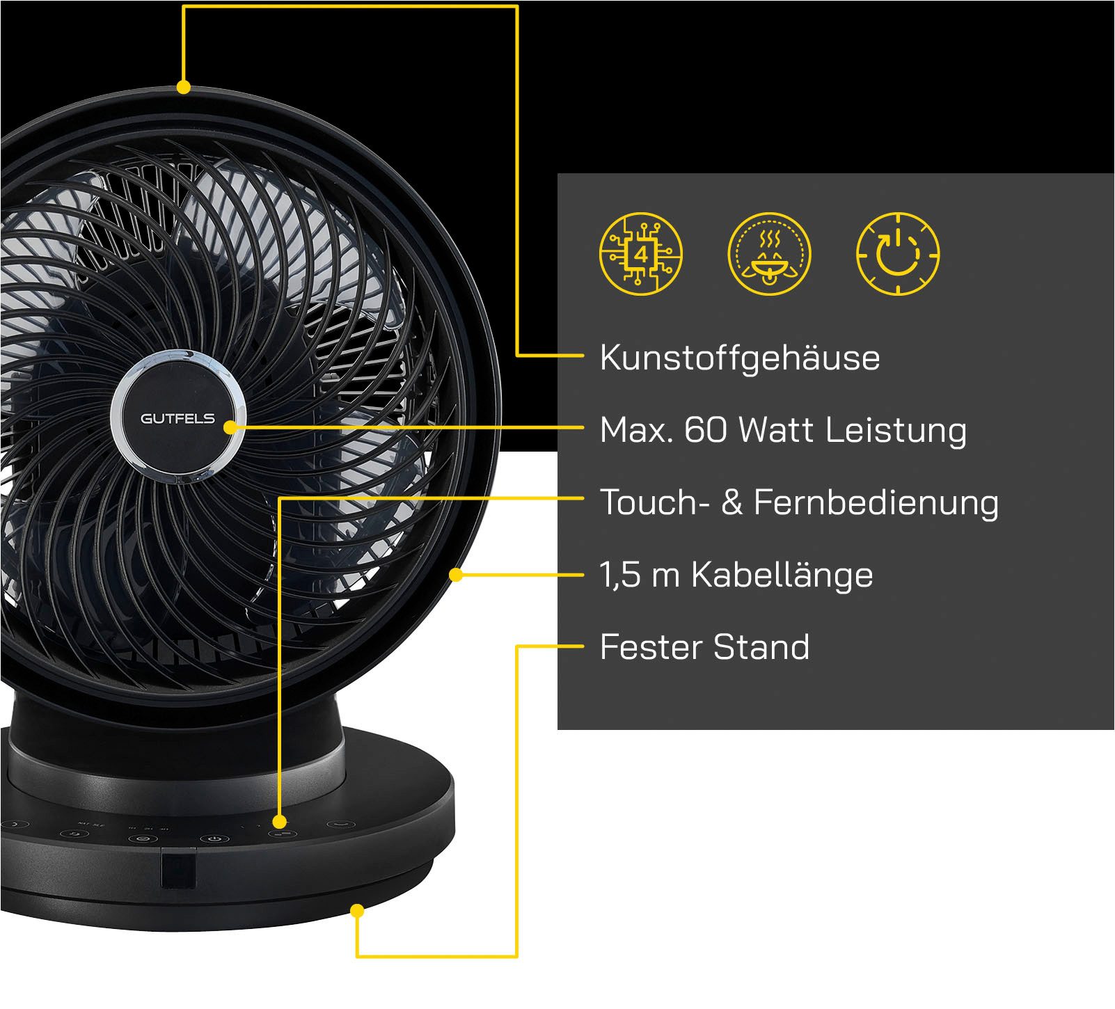 Gutfels Tischventilator VT 66566 sw, LED Key Touch Control & Fernbedienung, 7 Stunden Timer, 60 W Leistung