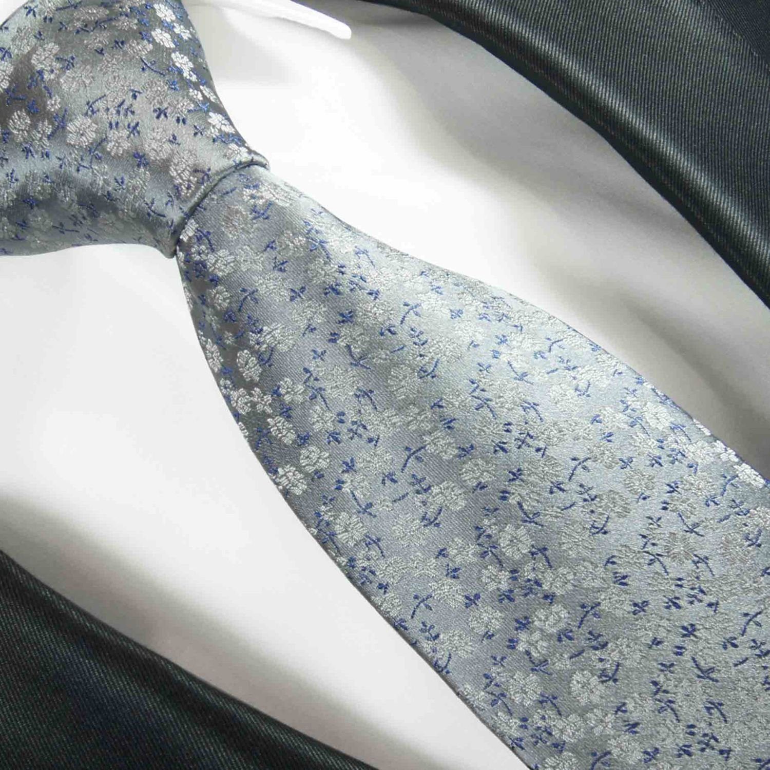Paul Malone Krawatte (6cm), Designer modern geblümt Schlips blau Seidenkrawatte Seide 100% Herren Schmal 2121 silber