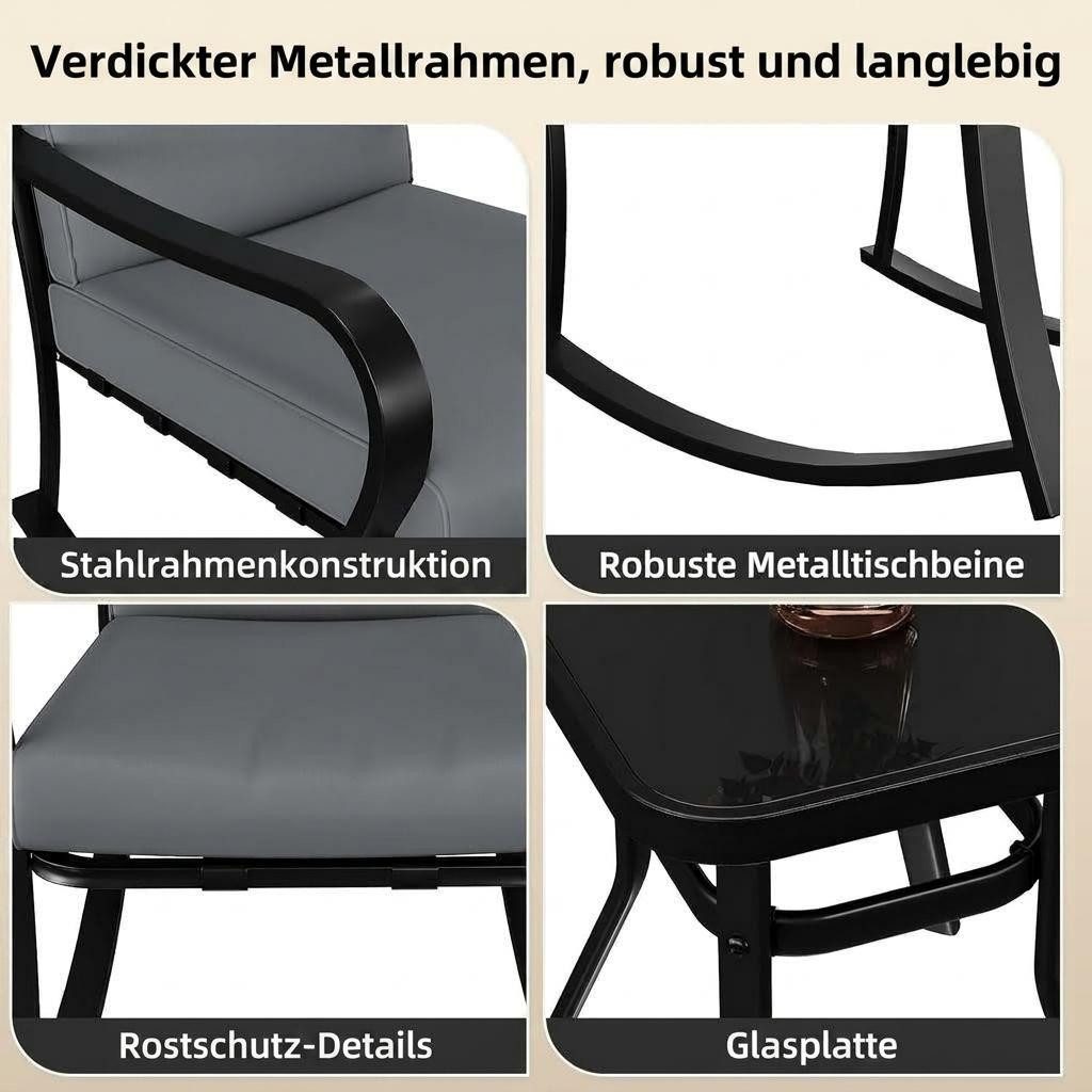 GarveeMore Gartenlounge-Set 2 Schaukelstühle mit warmgrauen Kissen & Glastisch, 3-teiliges Bistro-Set für den Außenbereich,Gartenmöbel-Set für Garten – Bild 3 von 5