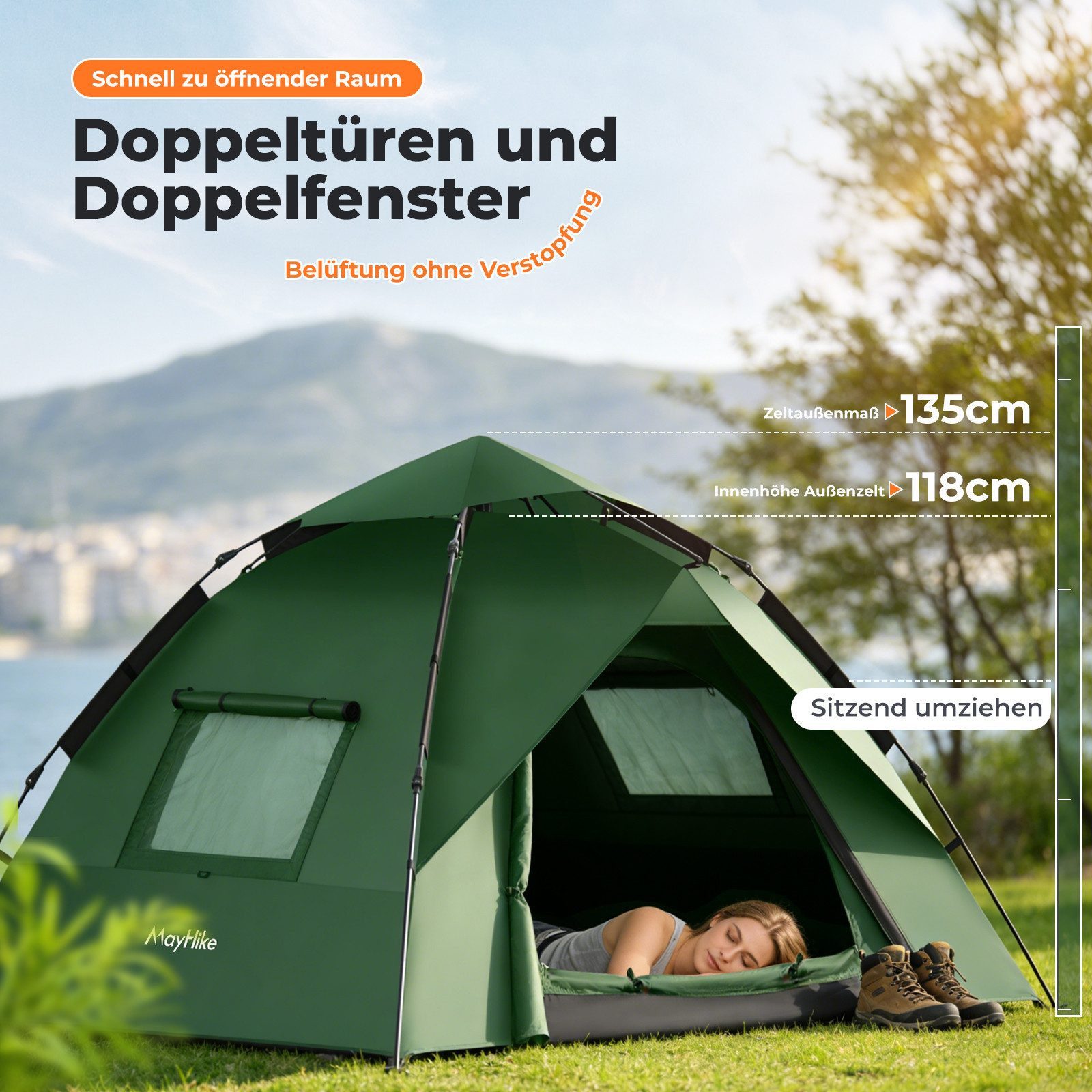zixunix Wurfzelt Pop-up Zelt 4 Personen wasserdicht, ultraleichtes Wurfzelt ganzjährig, Personen: 4 (Einzelgerät), ultraleicht, Pop-Up, doppellagig, 4 Jahreszeiten