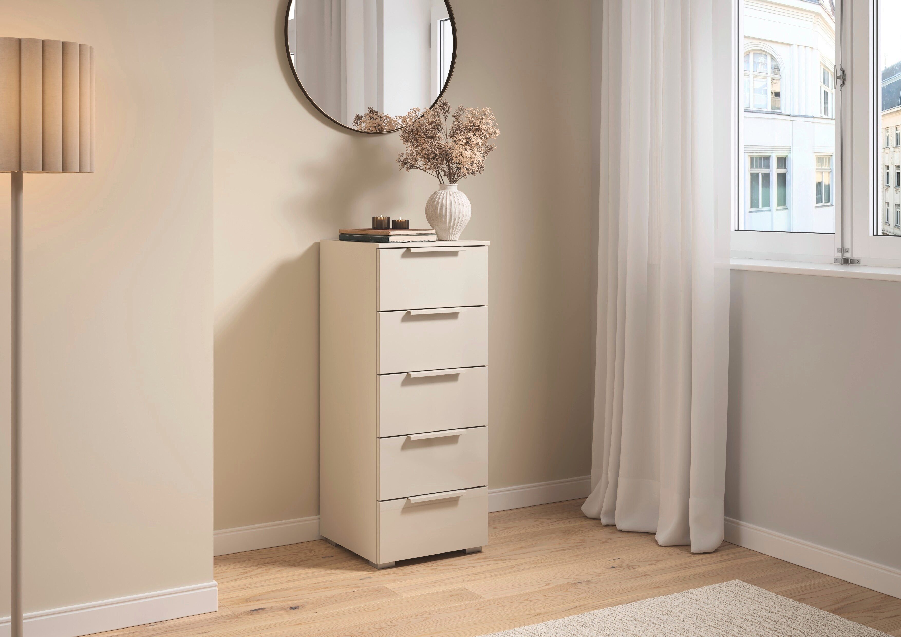 rauch Schubkastenkommode Highboard Sideboard Kommode MONTCLAR Frontauswahl Dekor/Hochglanz/Glas (in 2 Breiten: 40 oder 80 cm / Höhe 100 cm, inkl. Soft-Close-Funktion), mit 5 geräumigen Schubladen, viele Griffvarianten MADE IN GERMANY