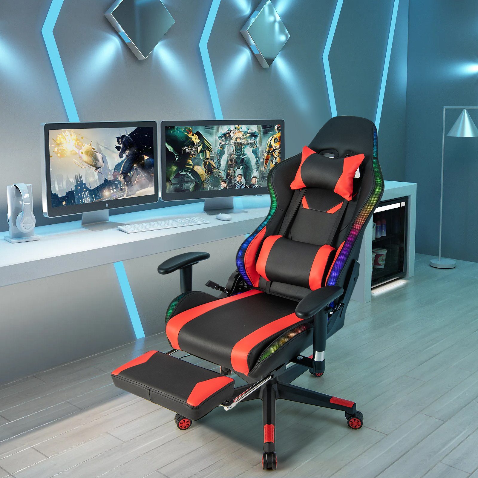 COSTWAY Gaming-Stuhl, mit Fußstütze, Rücklehne, RGB-LEDs, 160kg verstellbarer Rot