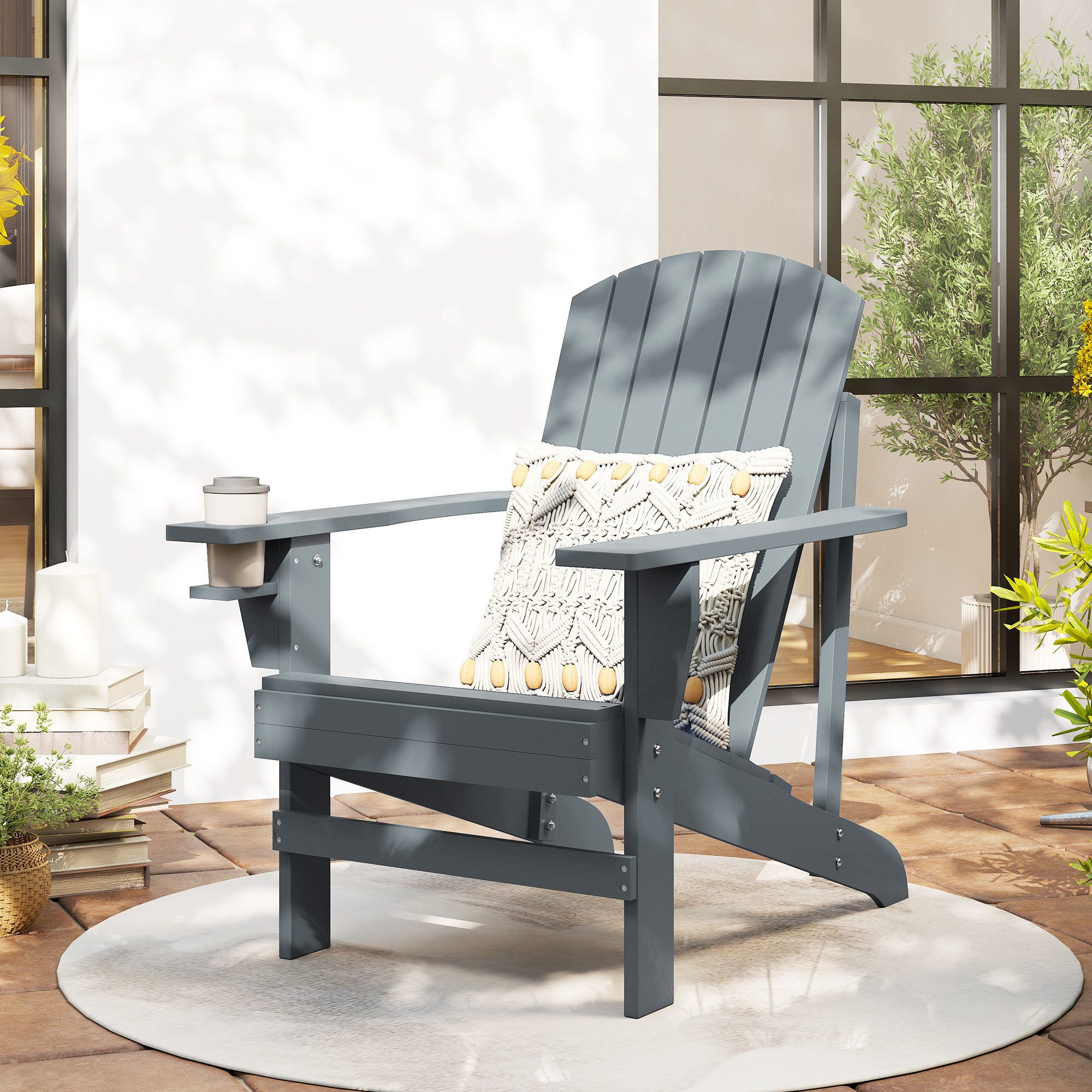 Outsunny Gartenstuhl Adirondack-Gartenstuhl mit Becherhalter (Terrassenstuhl, 1 St), Balkonstuhl mit breiten Armlehnen