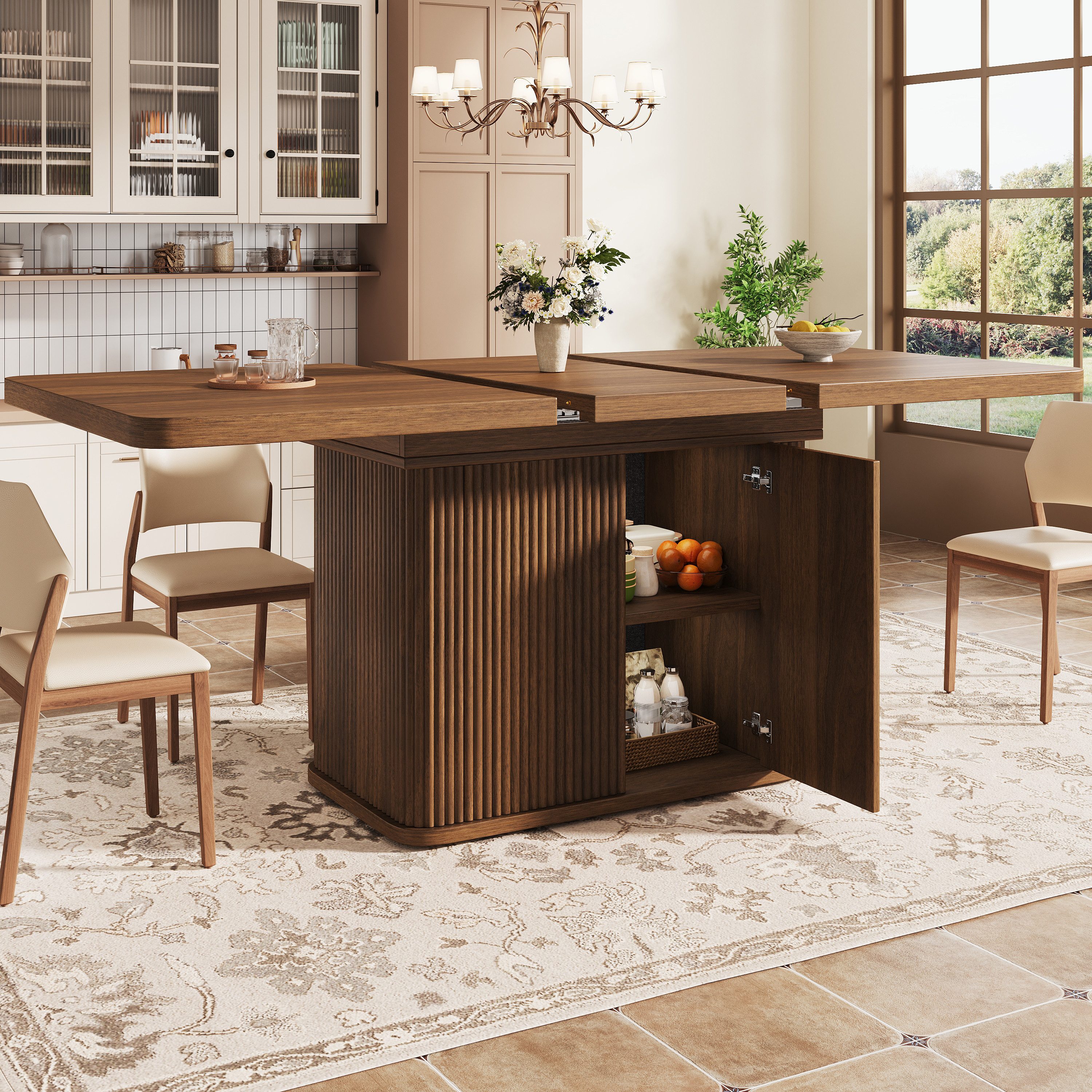 KLAM HOME Esstisch Ausziehtisch 140–180cm mit verstecktem Stauraum für Esszimmer (Multifunktionaler Esstisch mit Reliefstreifen und grifflosem Design), Esstisch in Holzoptik hell / Dunkelbraun / Schwarz aus MDF