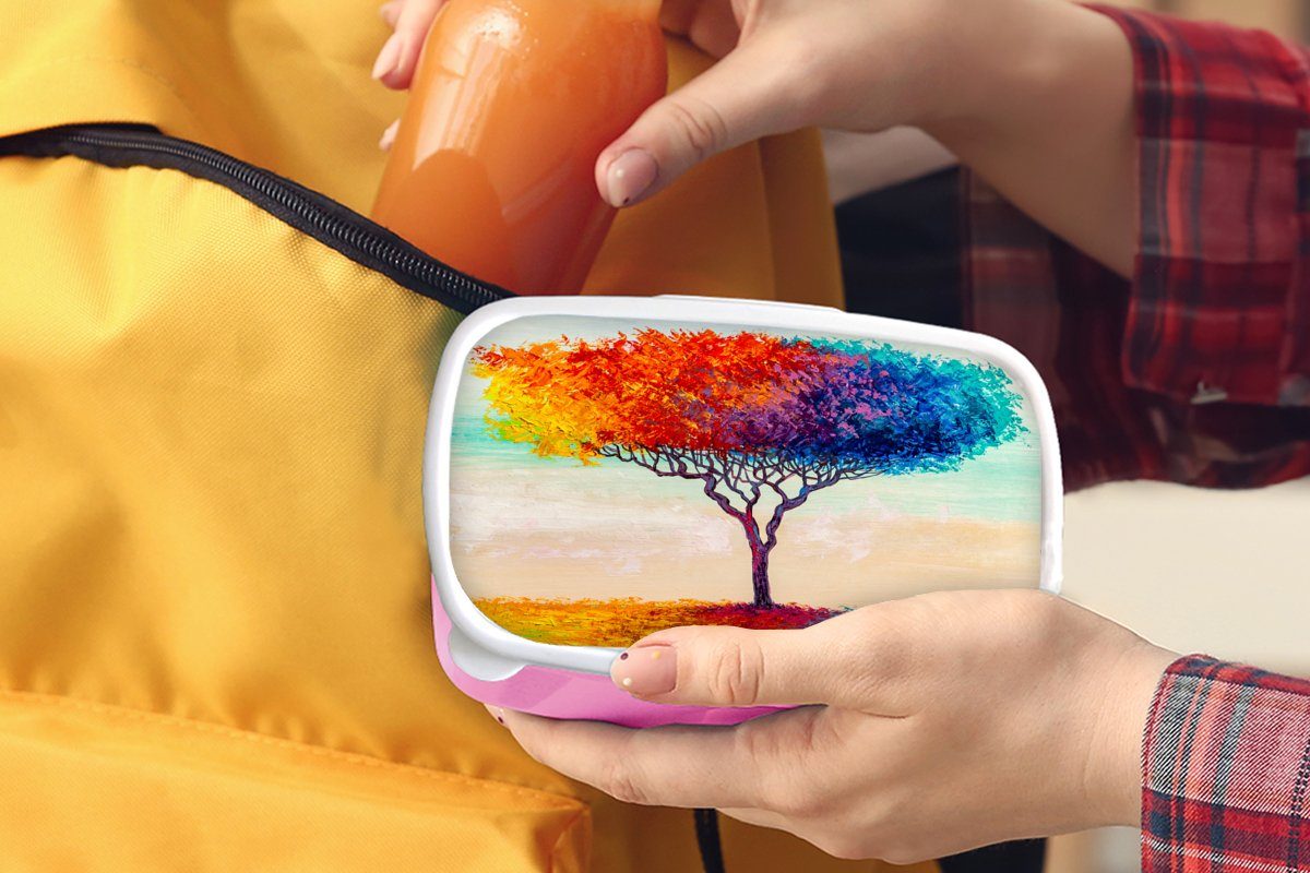 Baum Erwachsene, für Regenbogen, Kinder, Gemälde - Mädchen, rosa Lunchbox Ölfarbe Brotbox - Brotdose - MuchoWow (2-tlg), Kunststoff Kunststoff, Snackbox,