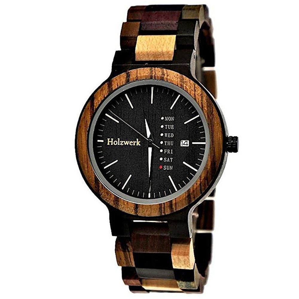 Holzwerk Quarzuhr NEUMARK Damen und Herren Holz Uhr mit Datum in schwarz, Walnuss braun
