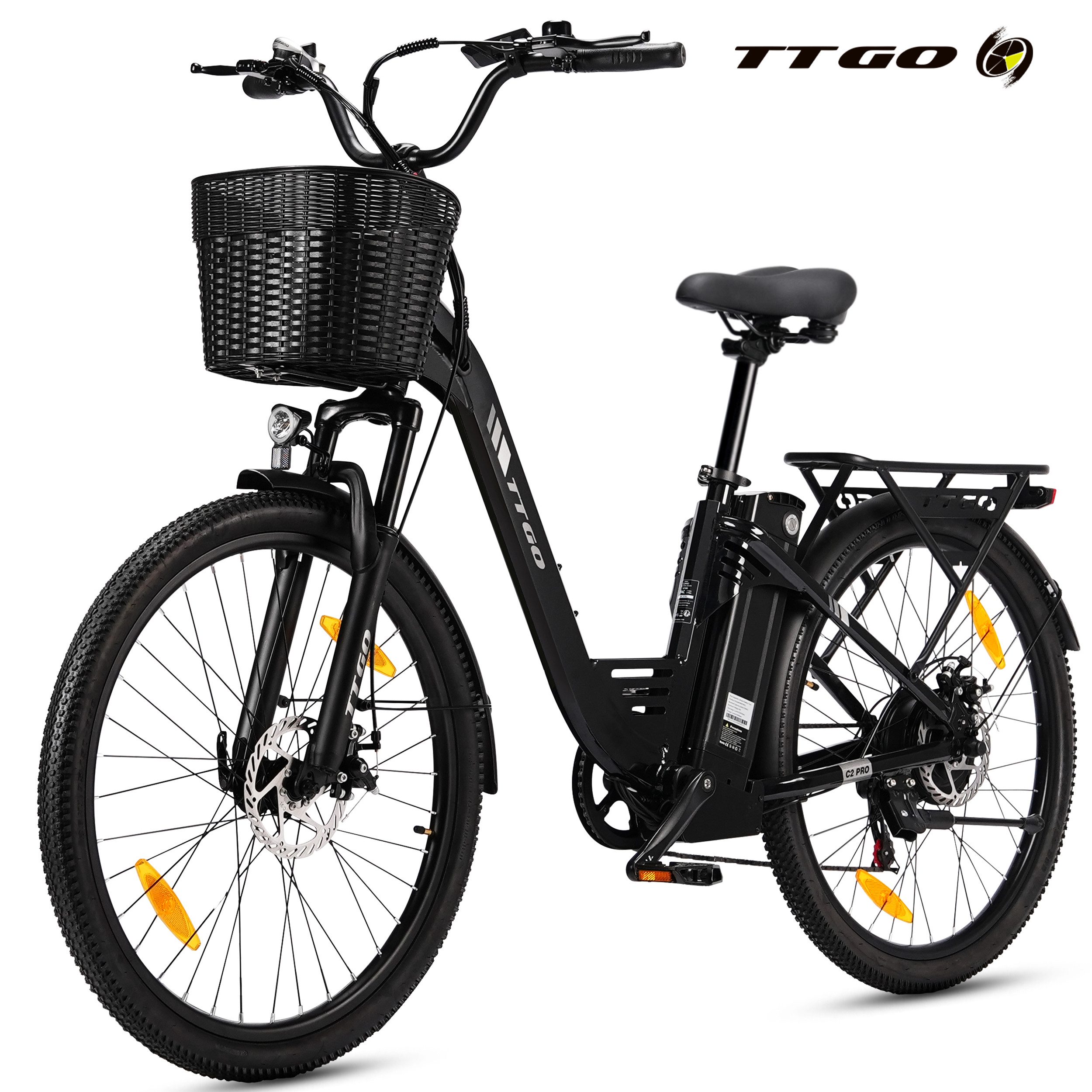 TTGO E-Bike Cityrad 26 Zoll, 650Wh, 120km, Federgabel, mit Frontkorb und Gepäckträger, 7 Gang SHIMANO, Kettenschaltung, Heckmotor, 650 Wh, (5 Stufen, Pedelec, bis zu 125kg, für ca. 160–185 cm), Farbdisplay, Aluminiumrahmen, Elektrofahrrad für Damen Herren