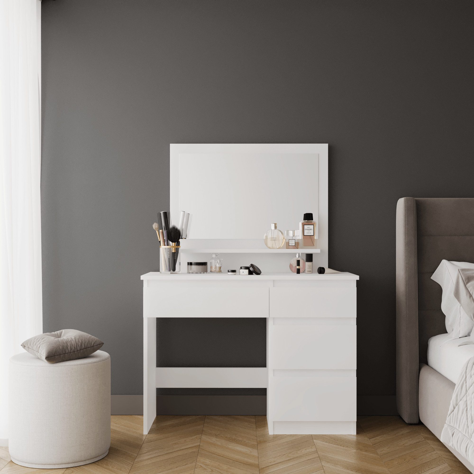 BDR Smart Home Art Schminkschrank Duru Schminktisch mit Spiegel-Schubladen Elegant Weiß Holzdekor