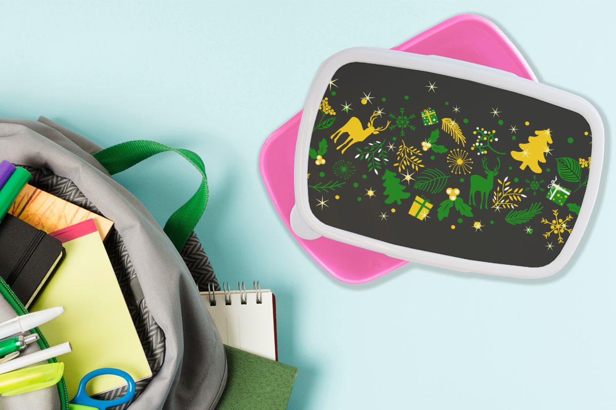 - für rosa Weihnachten Snackbox, - Kunststoff, (2-tlg), Kinder, Erwachsene, Brotdose Lunchbox Muster Kunststoff Mädchen, MuchoWow Hirsche, Brotbox