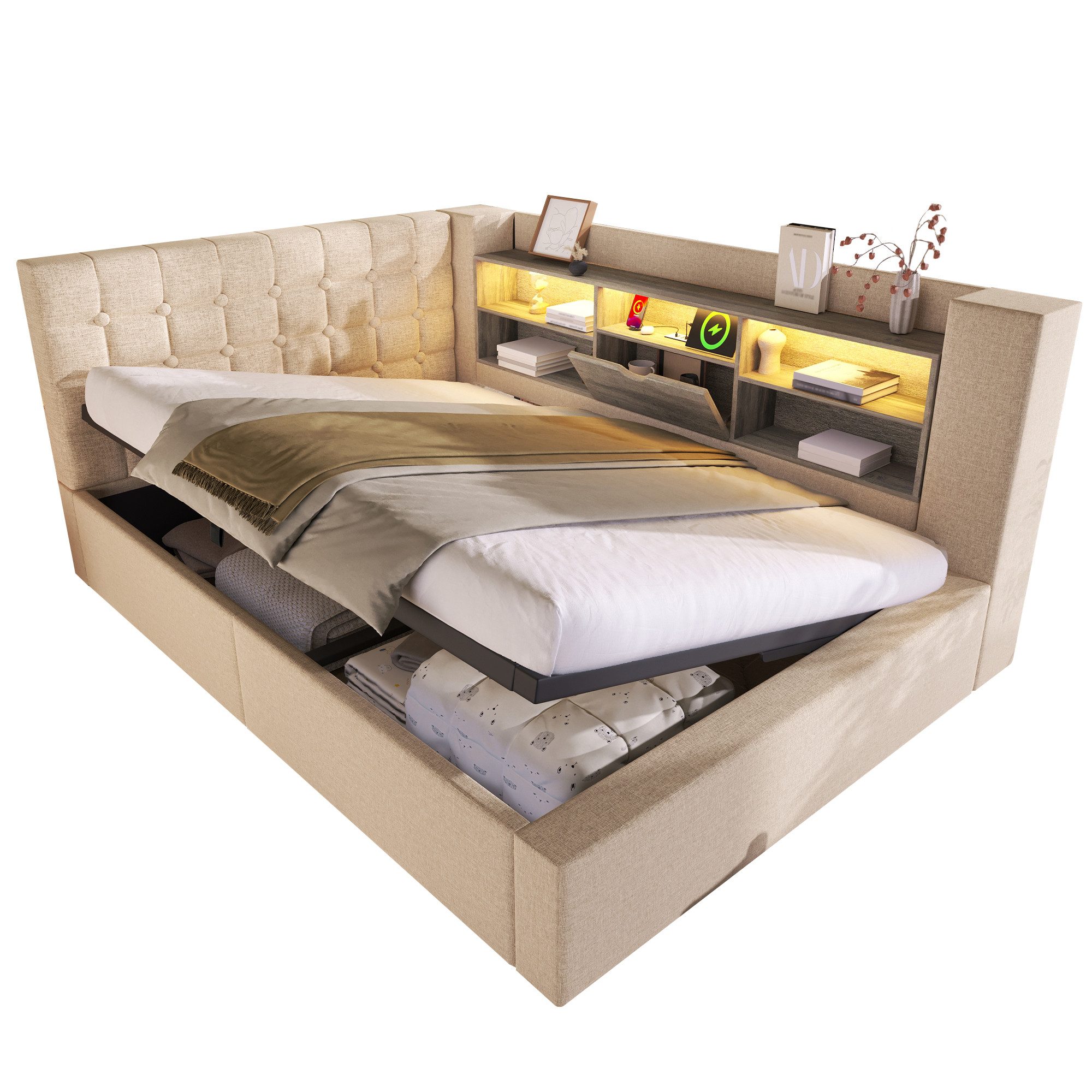 Ulife Polsterbett 140×200cm&weitere Größen mit Bettkasten, LED, hydraulischem Stauraum (1-tlg., Ohne Matratze), L-förmigem Kopfteil beidseitig montierbar, Kinde – Bild 3 von 5