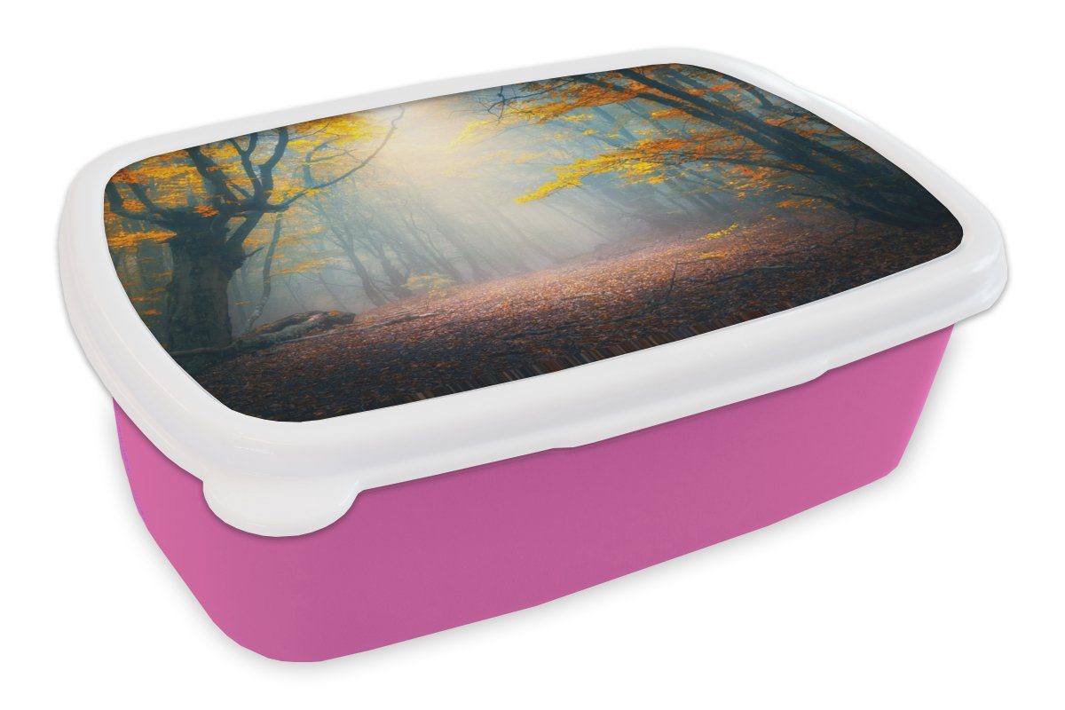 MuchoWow Lunchbox Wald - Nebel - Herbst, Kunststoff, (2-tlg), Brotbox für Erwachsene, Brotdose Kinder, Snackbox, Mädchen, Kunststoff rosa