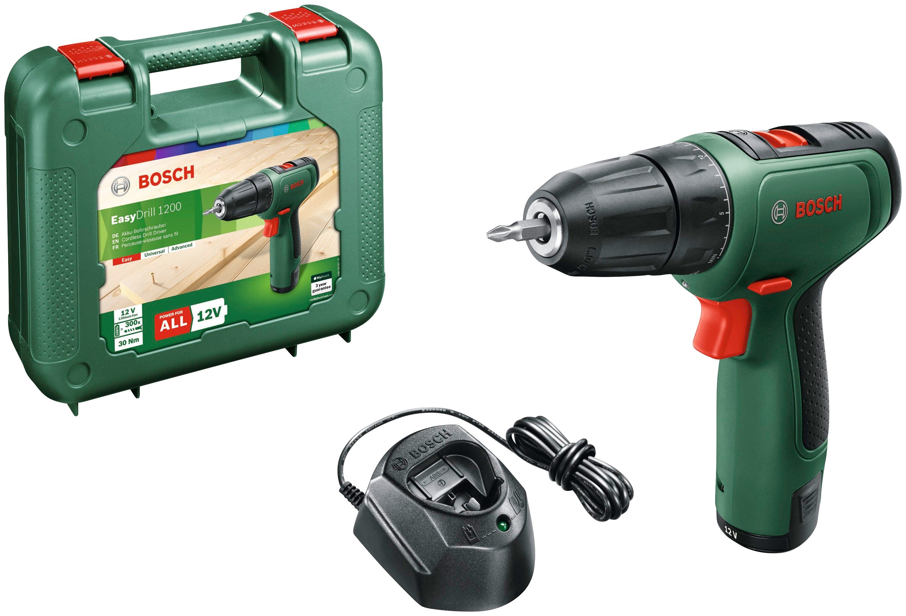 Bosch Home U/min, mit und 12V/1,5 Akku-Schrauber 1200, 1500 Ah 30 & Ladegerät Nm, Garden Akku EasyDrill