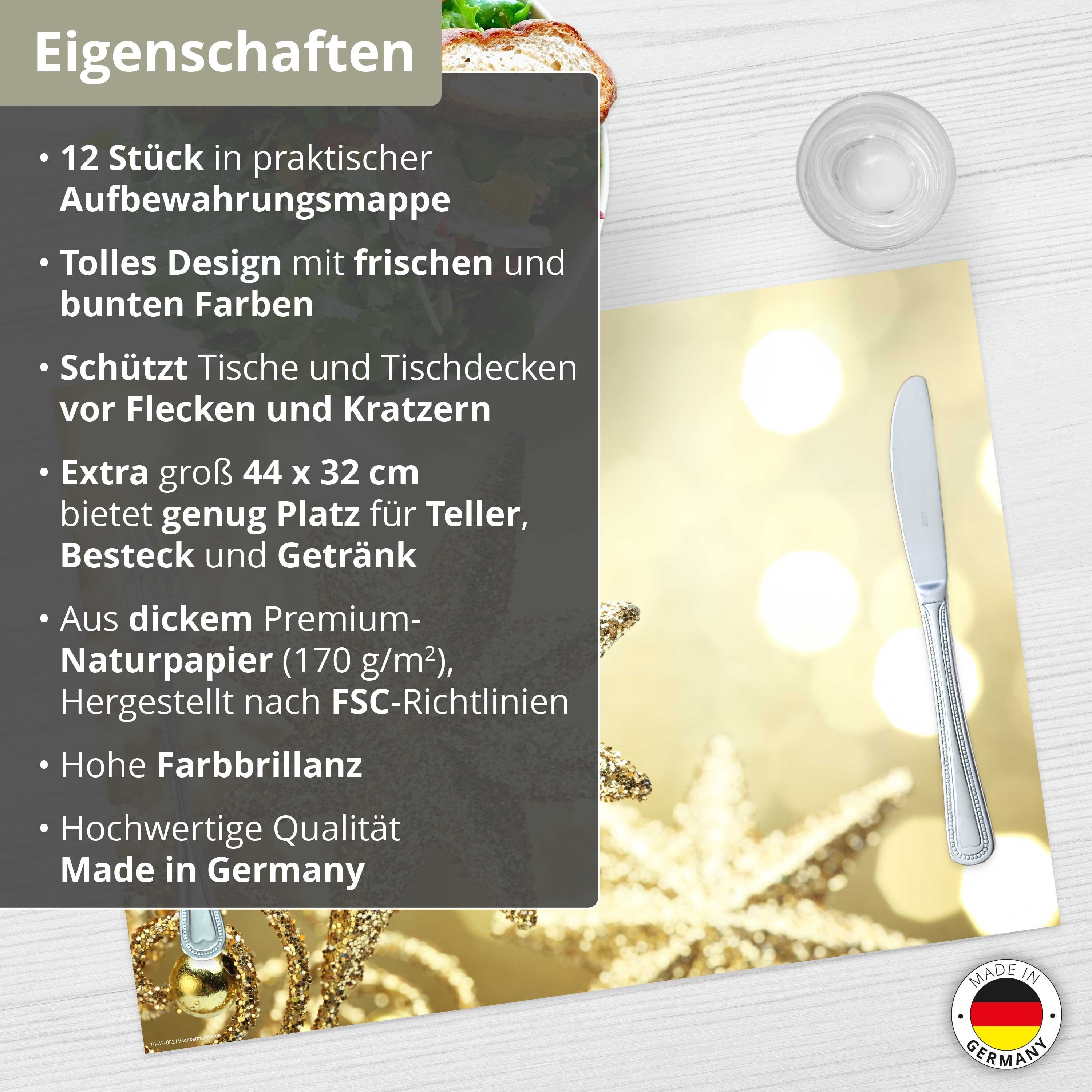 Tischsetmacher Platzset Tischsets I Platzsets - Weihnachten - Goldener Glitzerstern, (aus Naturpapier in Aufbewahrungsmappe, 12-St., 44 x 32 cm / gold), Made in Germany
