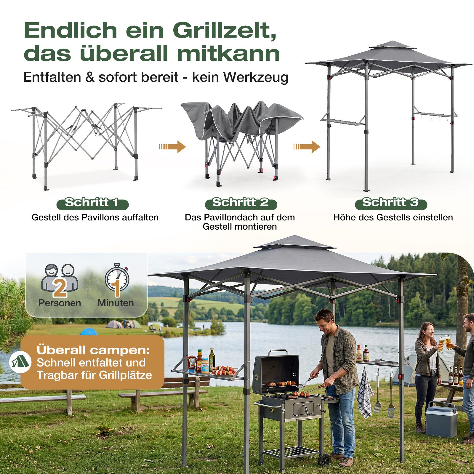 Sekey Grillpavillon 245 x 150 cm BBQ Pavillion Grillzelt Gartenzelt Winterfest Wasserdicht, 250 x 150 cm, Doppelschichtdach, Ablage mit Haken, UV-Schutz 50+ – Bild 2 von 5