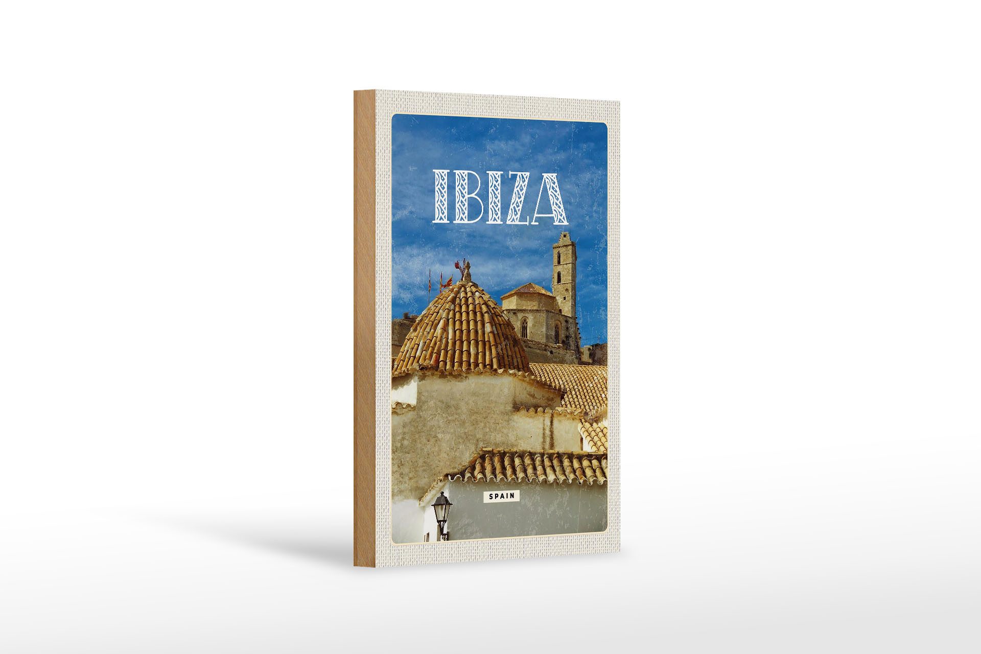 Femer GmbH Holzbild Reise 12x18cm Retro Ibiza Spain Altstadt Urlaub, (1 St), Glatte Holzfaserplatte (MDF), vorn beschichtet