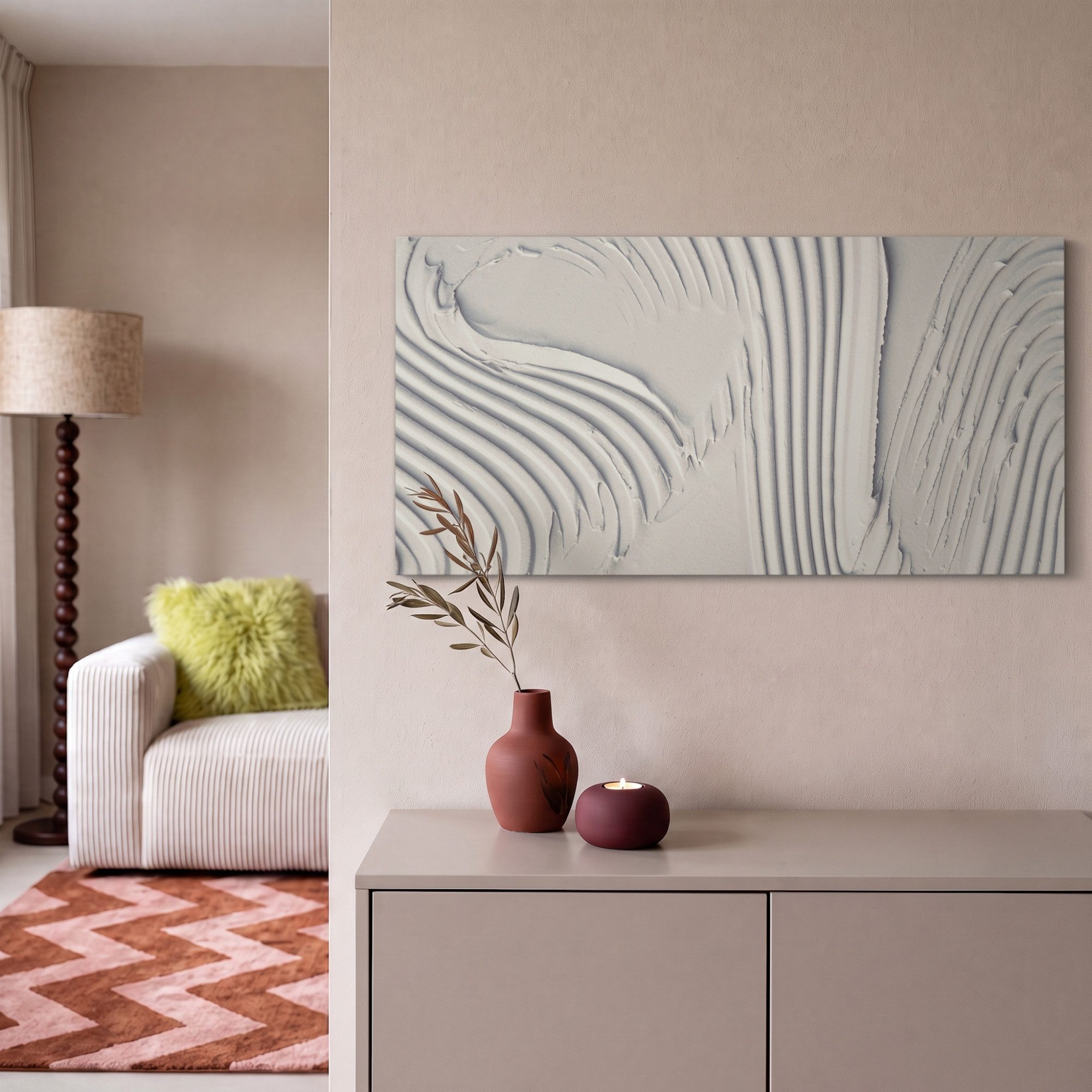 OneMillionCanvasses® Leinwandbild Panorama Abstrakt - Kunst - Linien - Weiß, Fotodruck (1 St), Wandbild, Deko Schlafzimmer Wohnzimmer Flur 40x20 cm – Bild 2 von 5