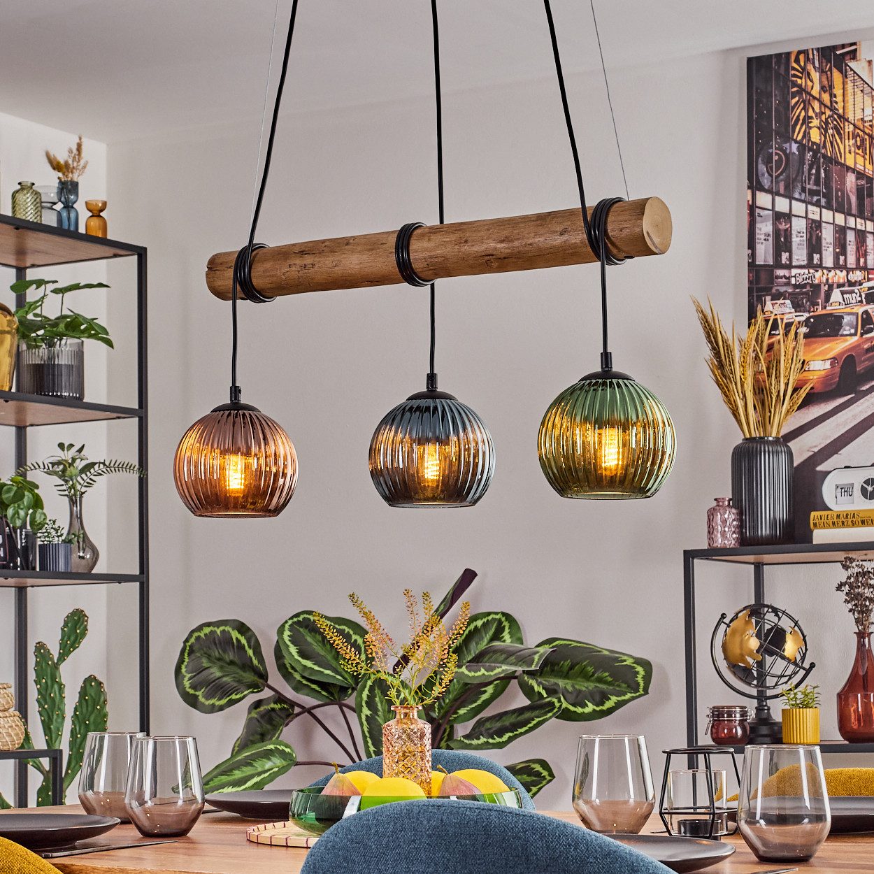 hofstein Pendelleuchte Hängelampe aus Metall/Holz/Riffelglas, Schwarz/Natur günstig online kaufen