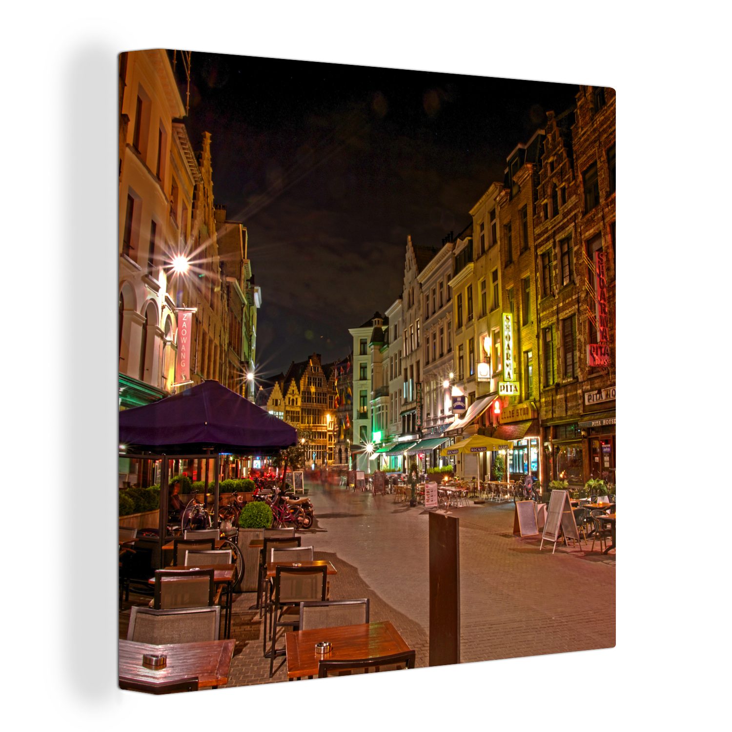OneMillionCanvasses® Leinwandbild Straße - Nacht - Antwerpen, (1 St), Leinwand Bilder für Wohnzimmer Schlafzimmer