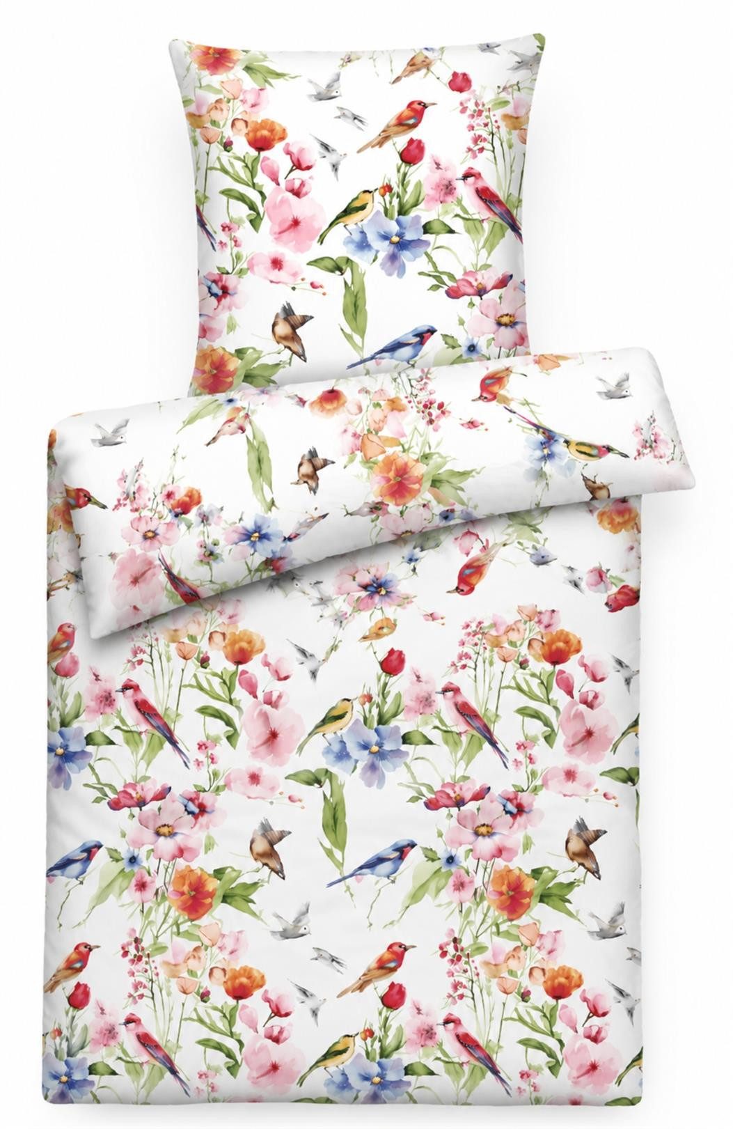 Carpe Sonno Bettwäsche Mako Satin Bettwäsche 135 x 200 155 x 220 Blumen Baumwolle OEKO-TEX, Mako-Satin, 2 teilig, Makosatin Bettbezug Reißverschluss bunt Floral Vögel 135x200