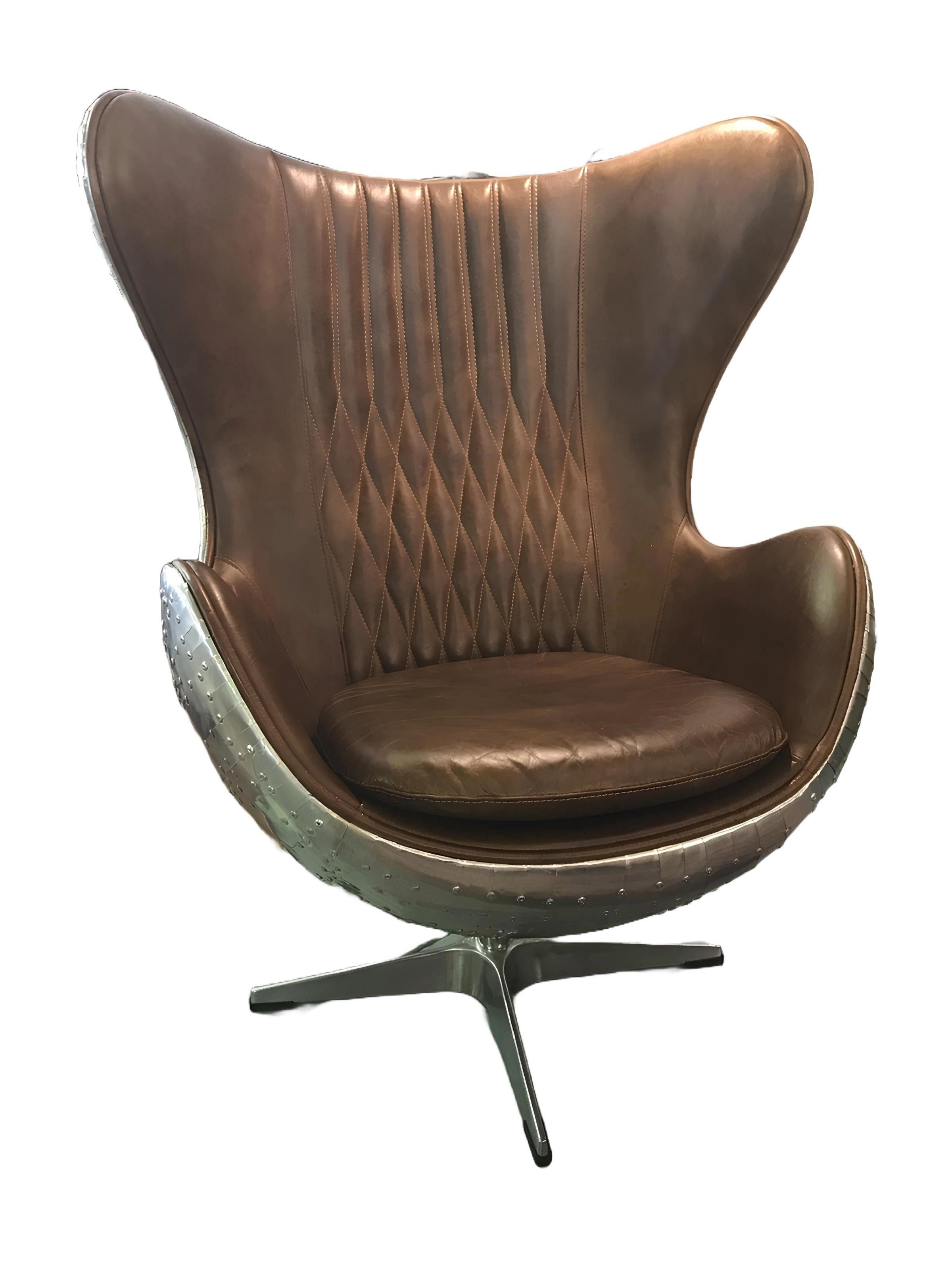 JVmoebel Кресла Eggchair Leder Braun Metall silber Ohrensessel Egg Chair Flieger Club (Büro Кресла), Made in Europa