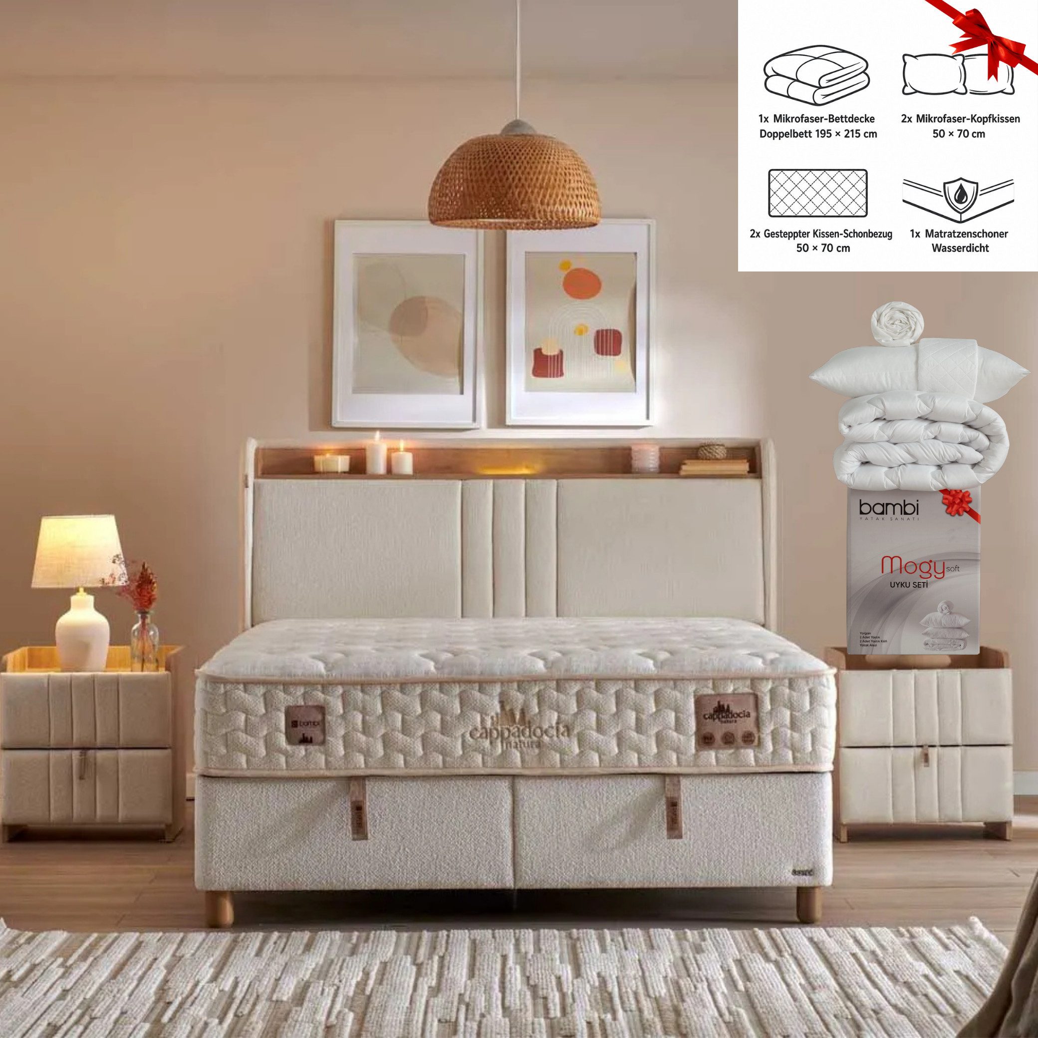 Bambi Boxspringbett mit Bettkasten mit Matratzen Cappadocia Set Stauraum 7-Komfortzonen (Set, 1 x H3 Mittelfest Matratze, 2 x Bettkästen, 1 Kopfteil), LED Beleuchtung mit USB & Type-C