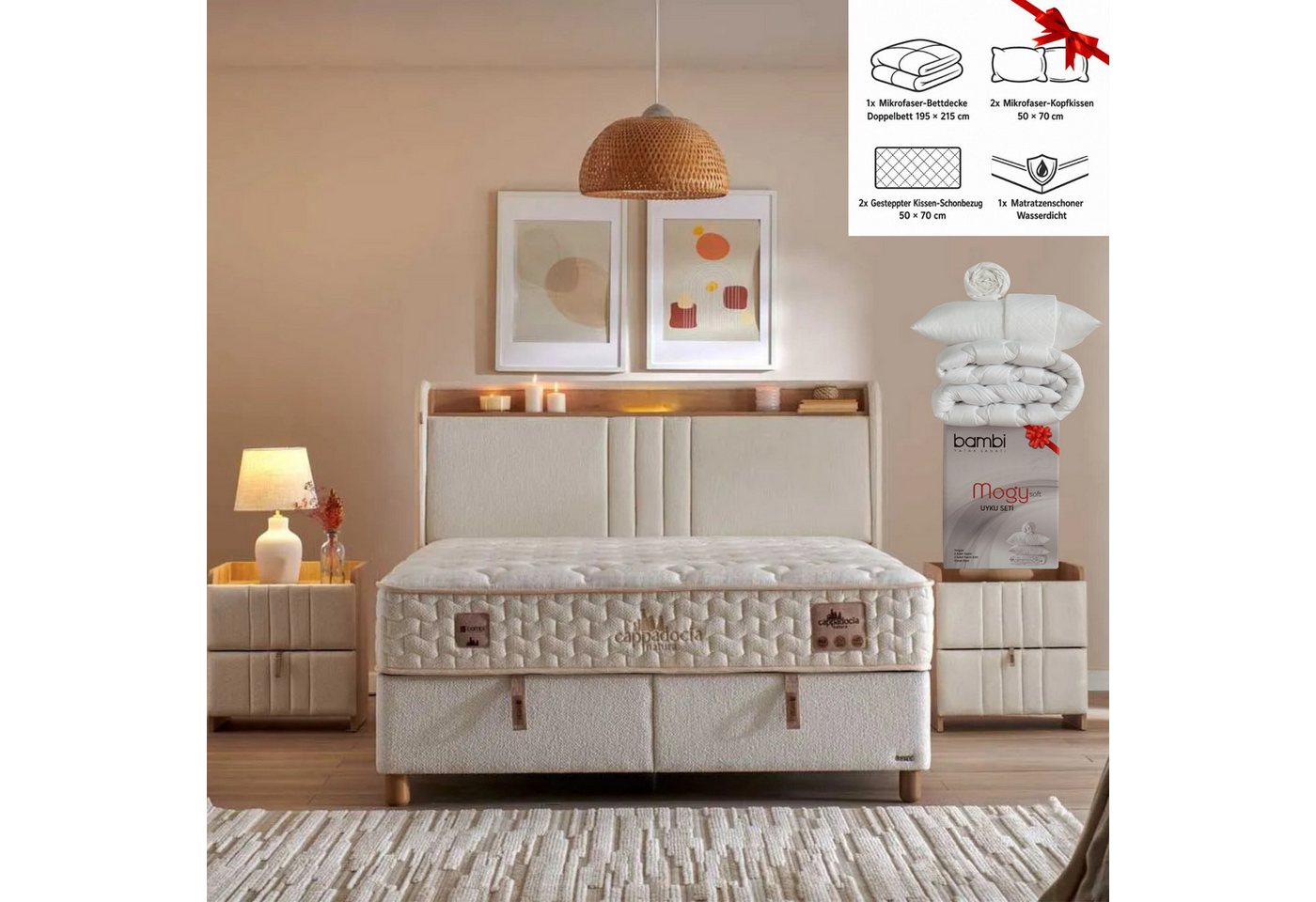 Bambi Boxspringbett mit Bettkasten mit Matratzen Cappadocia Set Stauraum 7-Komfortzonen (Set, 1 x H3 Mittelfest Matratze, 2 x Bettkästen, 1 Kopfteil), LED Beleuchtung mit USB & Type-C