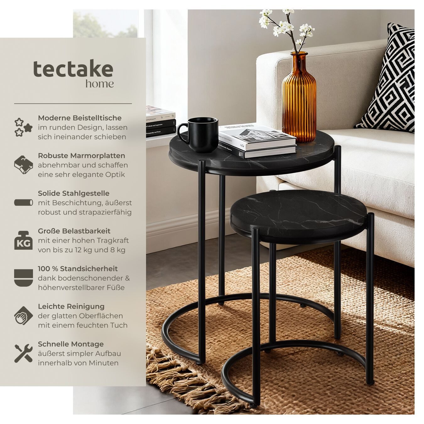 tectake Beistelltisch Ineinander schiebbarer Ablagetisch mit Platten in Marmoroptik (Sofatisch Ellsa, 2-St., 2 tlg), Solide Stahlgestelle, kein Aufbau, höhenverstellbare Kunststofffüße