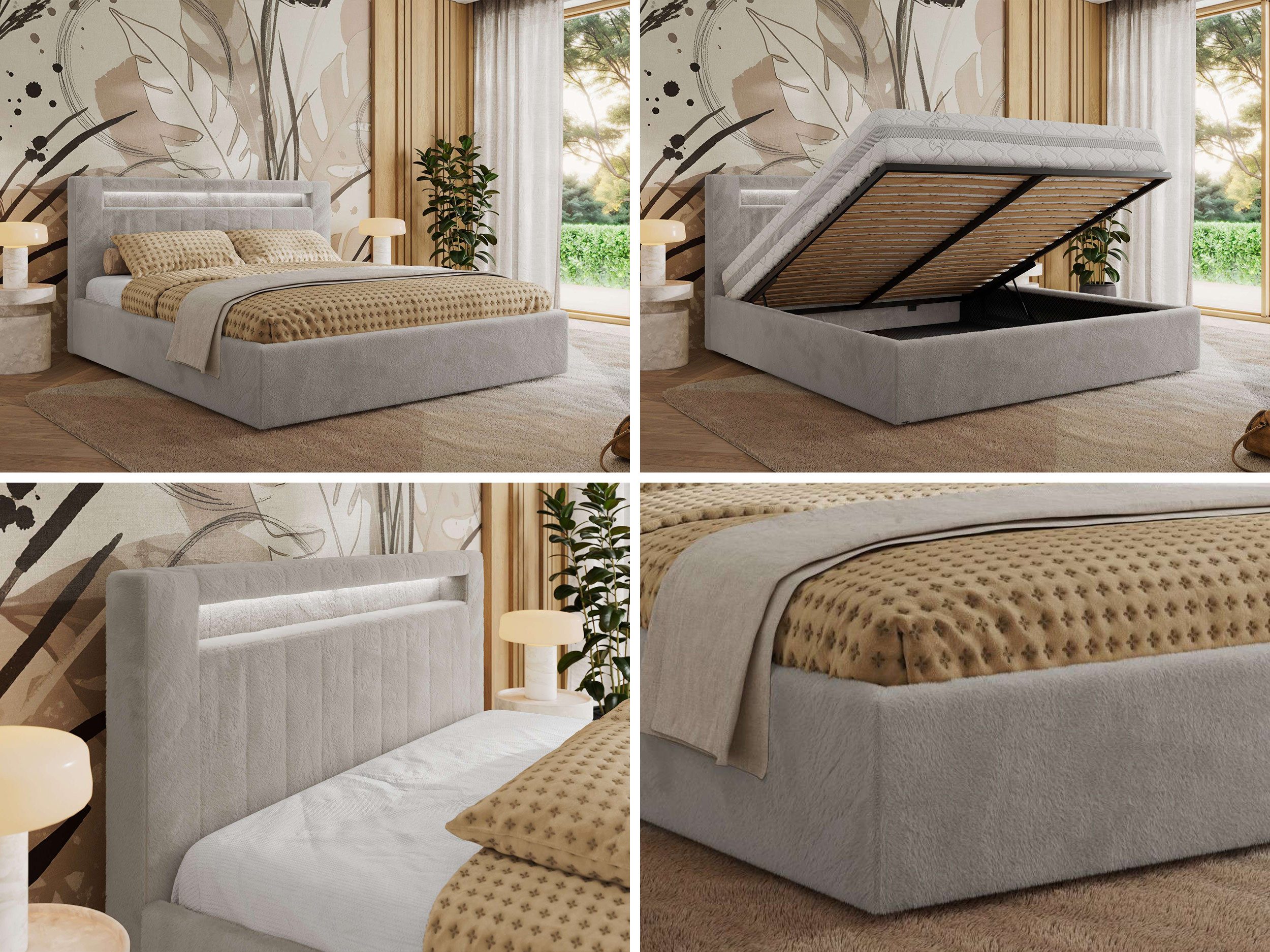 MKS MÖBEL Polsterbett GOLD 5 Classic (Bett, Bett mit Bettkasten & LED-Kopfteil), Lattenrost integriert, 140–200x200 cm