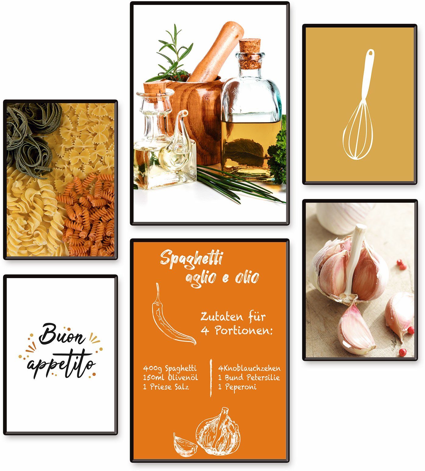 Artland Poster Spagetti 6er Set, Pasta ohne St), A4, Rezept, Speisen 2xDIN Rahmen / (Set, 6 A3 4xDIN
