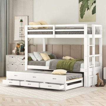 WISHDOR Kinderbett Polsterbett Doppelbett Stauraumbett Bett (90x200cm weiß mit Lattenrost ohne Matratze), mit Leiter undausziehbarem Bett und 3 Schubladen