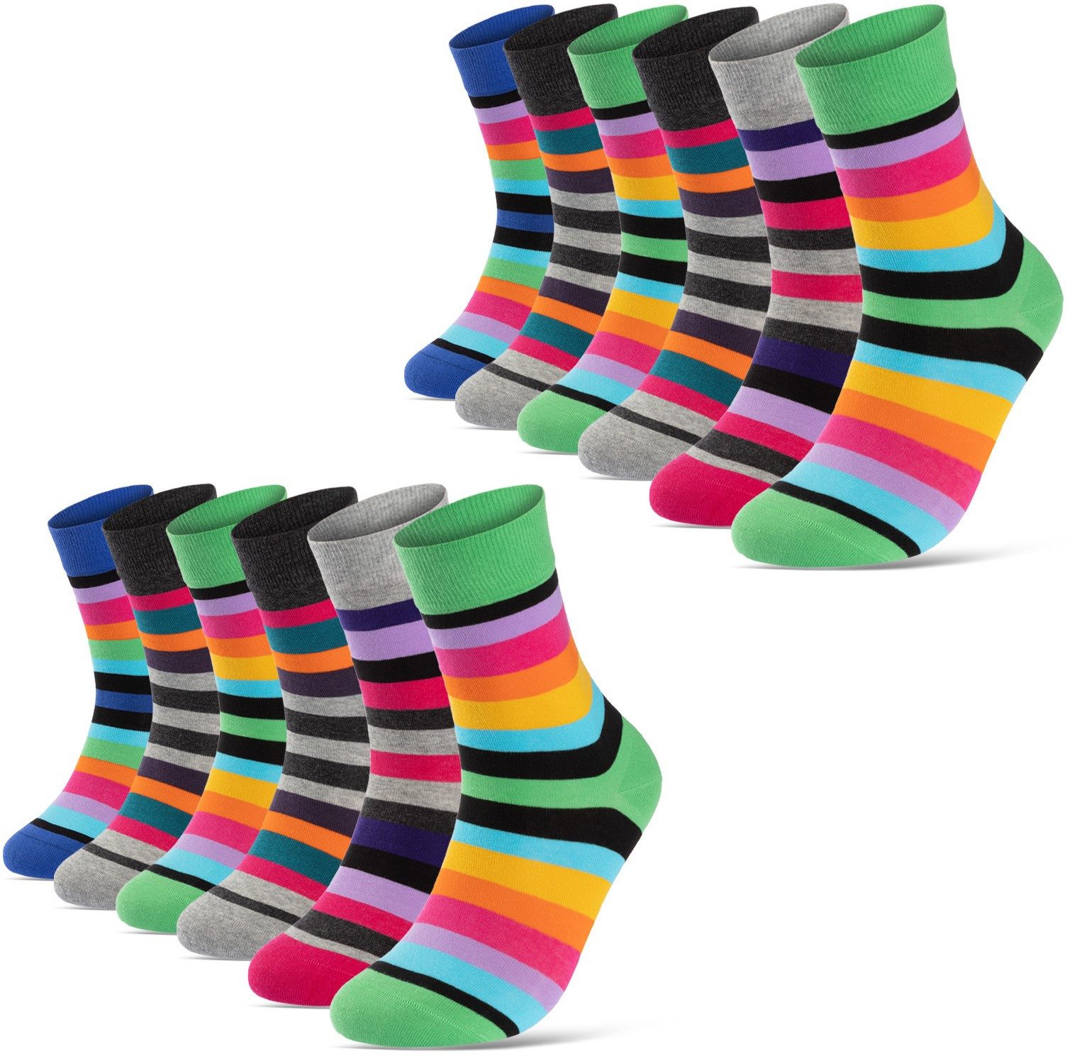 sockenkauf24 Basicsocken Damen Socken Bunt Ringelsocken Gestreift Baumwolle mit Komfortbund (12-Paar, 35-38) ohne Naht - 11979