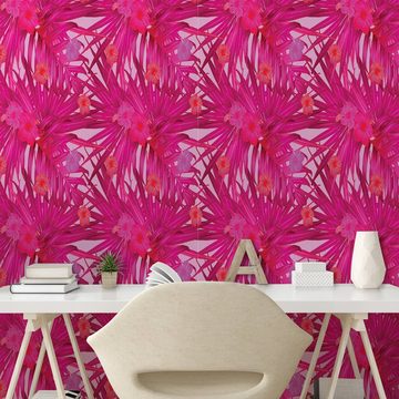 Abakuhaus Vinyltapete selbstklebendes Wohnzimmer Küchenakzent, Hibiskus Tropical Magenta Monstera