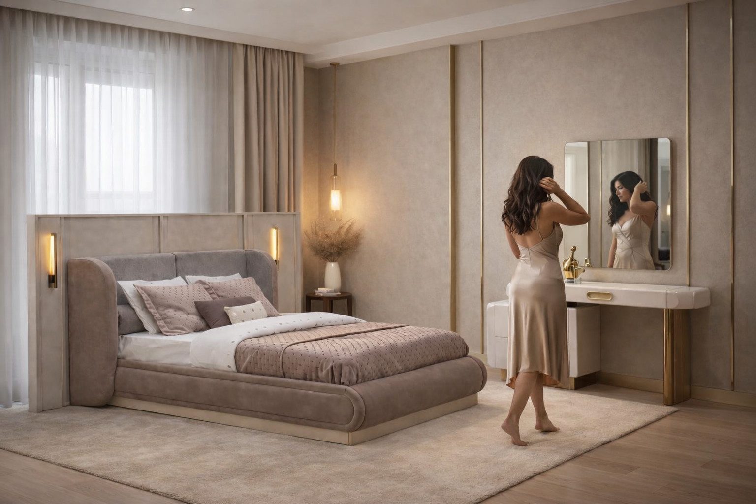 Xlmoebel Schlafzimmer-Set Luxus Polsterbett & Frisiertisch Set Samt-Optik Beige Sofort, (3-tlg)