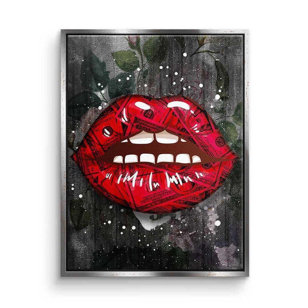 DOTCOMCANVAS® Leinwandbild, Premium Leinwandbild - Pop Art - Modern Kiss - Geld - Erfolg silberner Rahmen