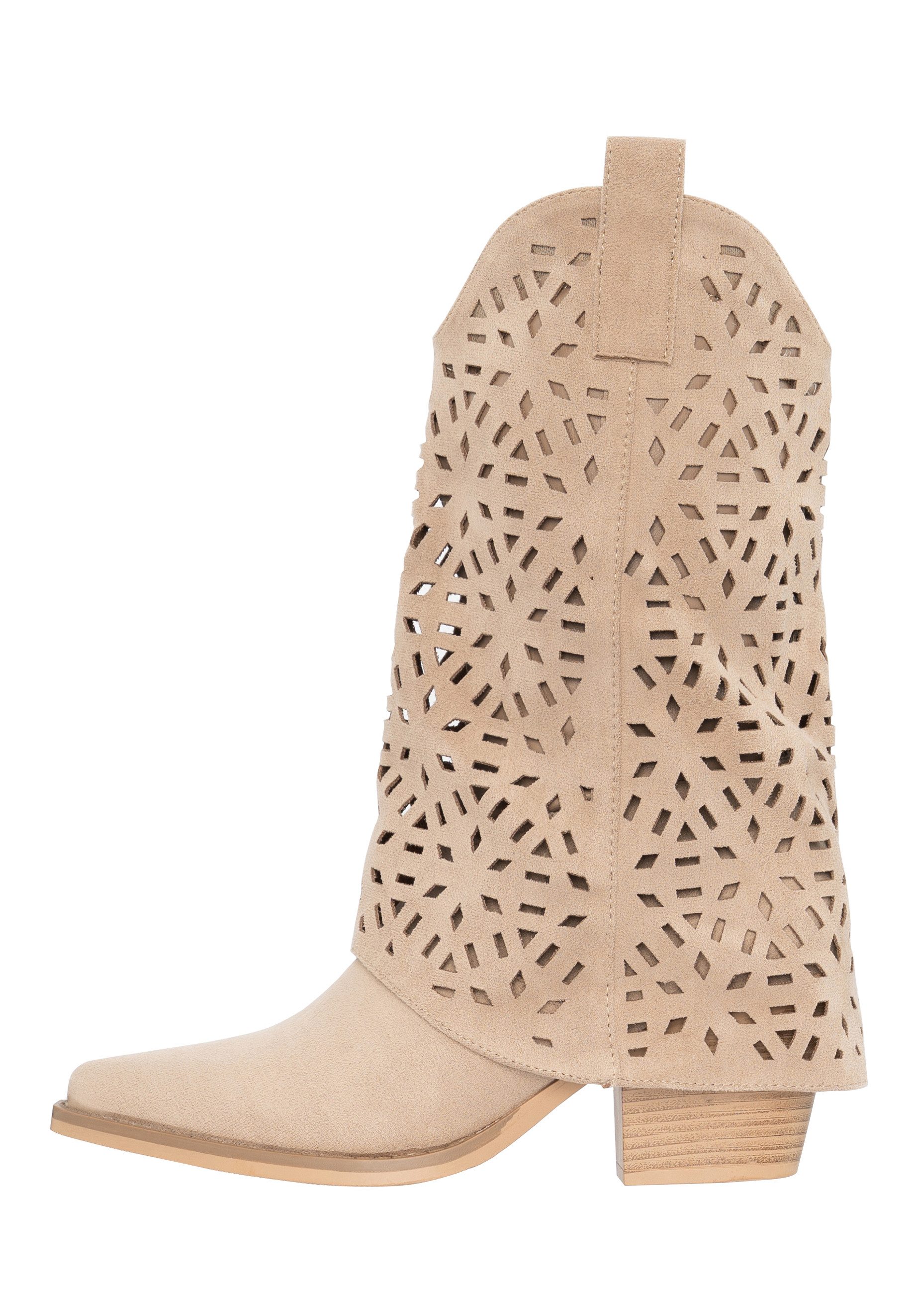 Salinyang Damen Cowboy Boots in Wildlederoptik mit Cut-Out Muster & Blockabsatz Cowboystiefel
