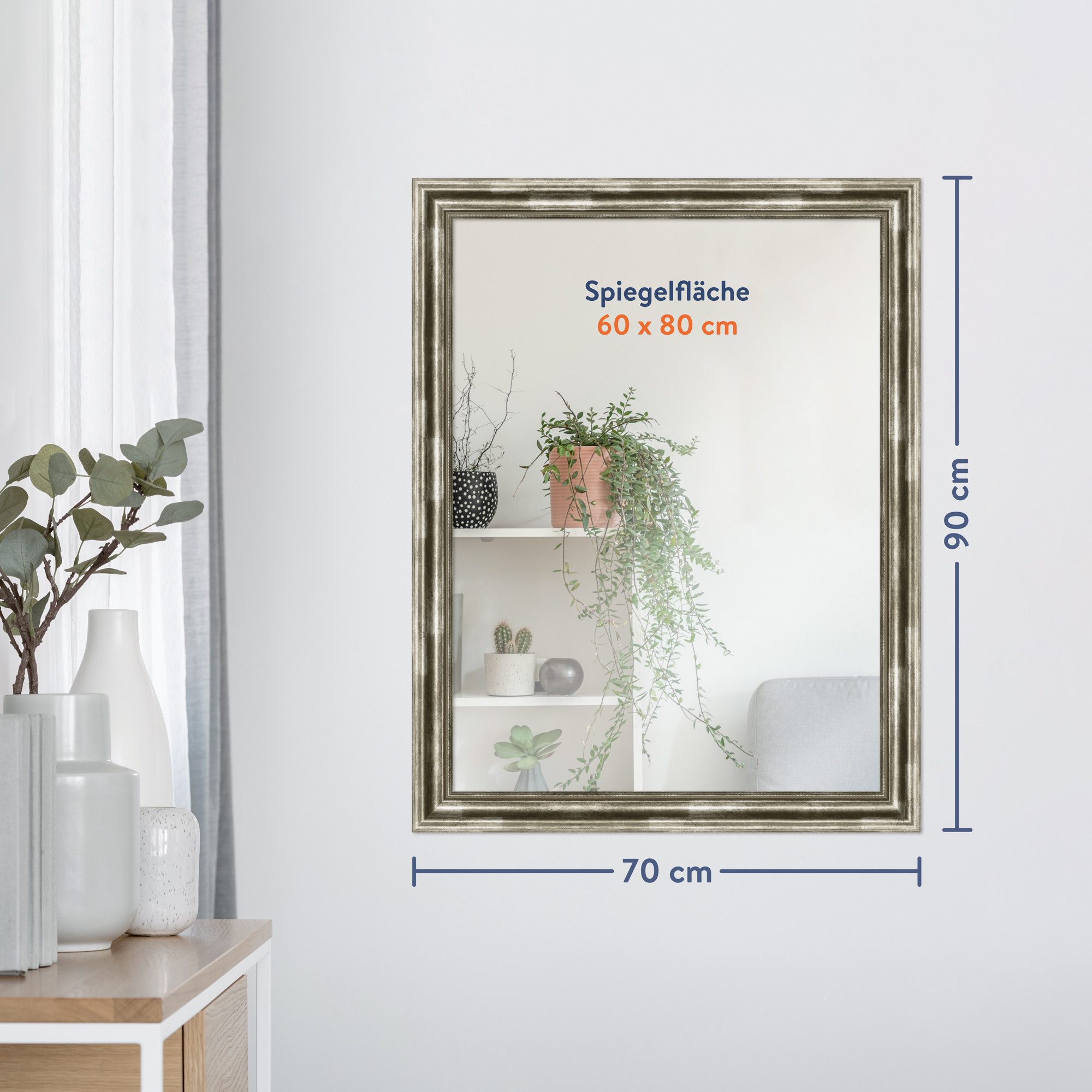 WANDStyle Wandspiegel H550, Vintage Spiegel Silber 80x110 cm, großer Wandspiegel Silber 80x110