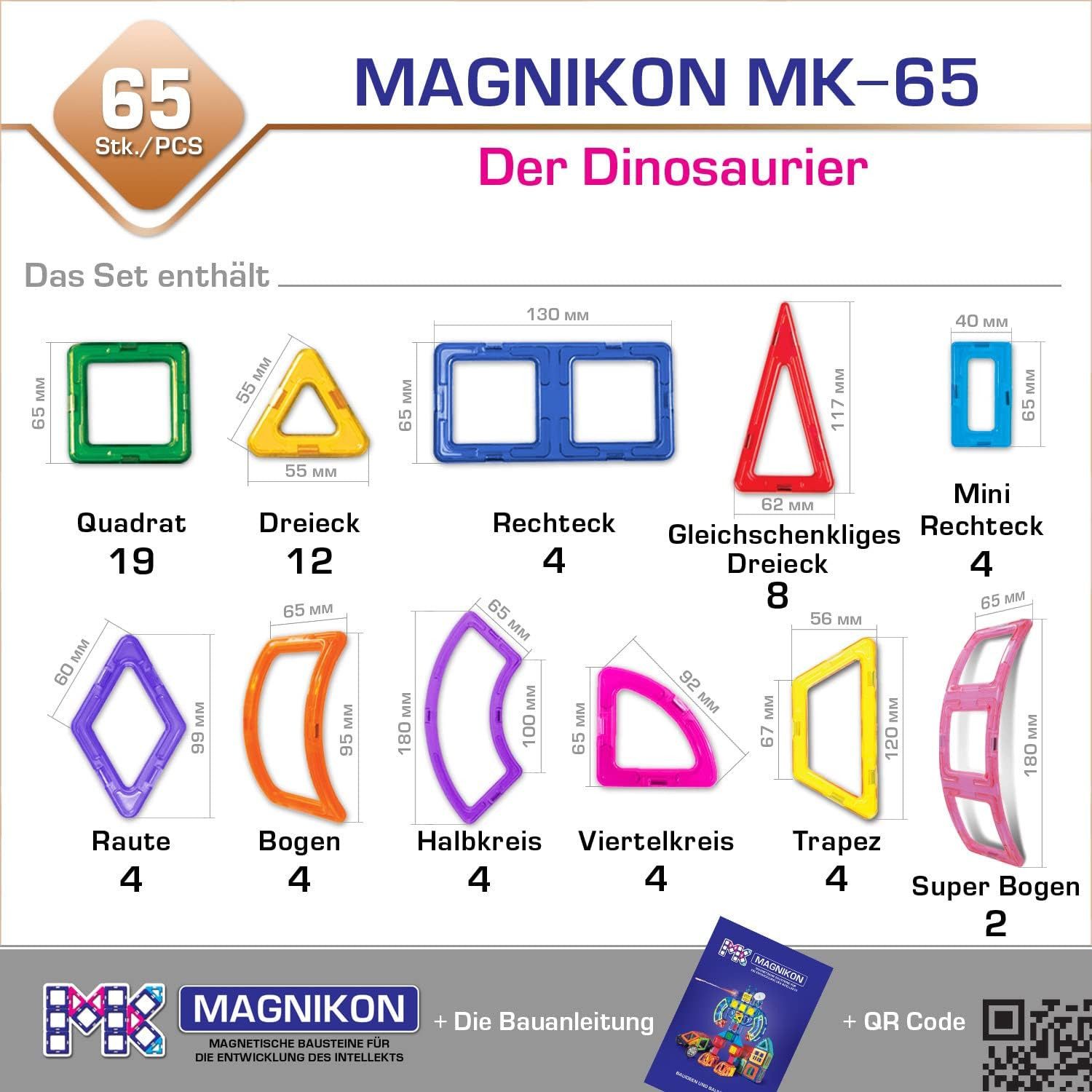 MAGNIKON Magnetspiel Bauklötze MK-65 “Der Dinosaurier”, 65-Teilig Magnetspielbausteine, (Magnetische Bausteine, 65 St., verstärkte Magnete), stabile Baumodelle