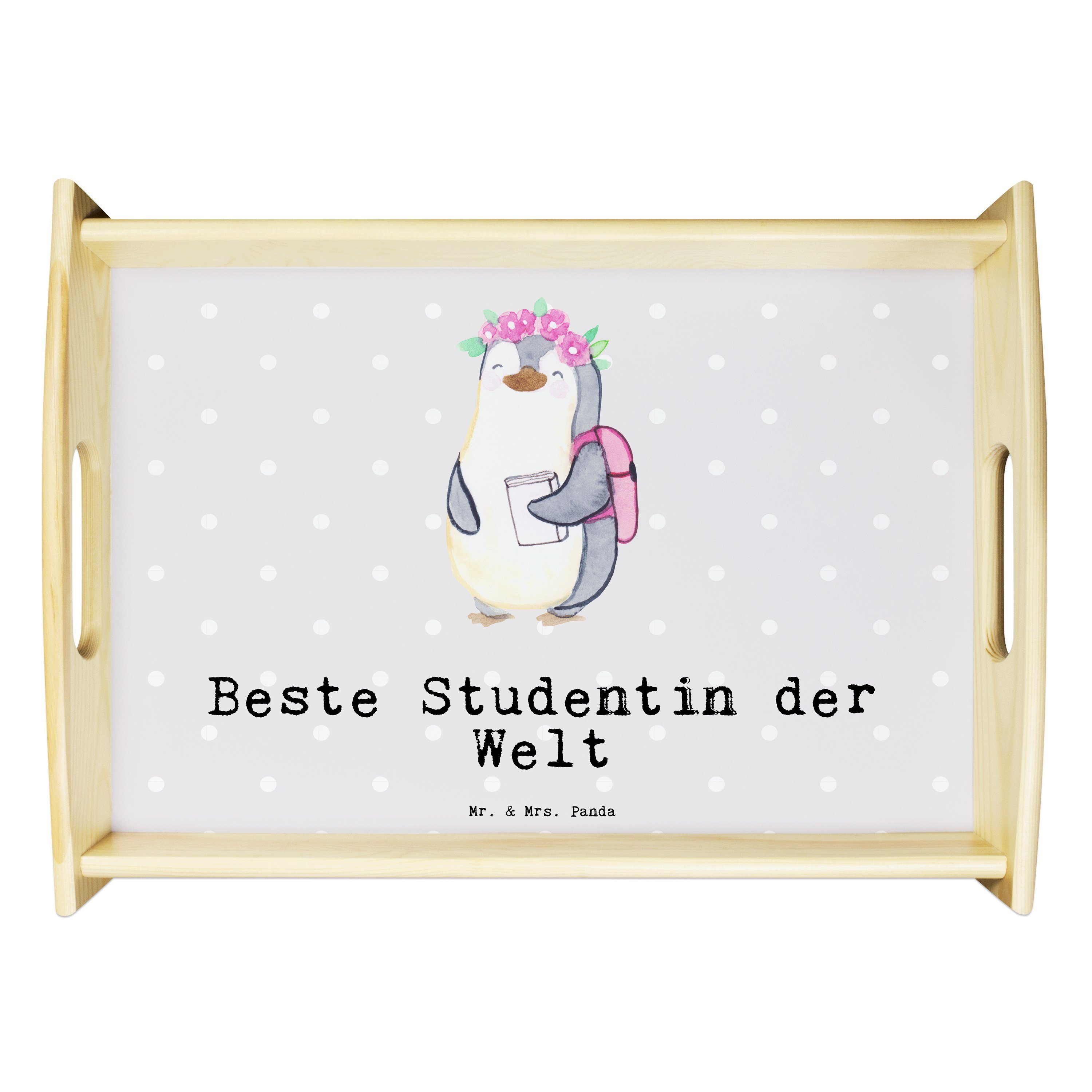 Mrs. (1-tlg) Pinguin Tablett Geschenk, Pastell - Mr. Beste Küchentab, lasiert, Echtholz der Grau - Panda & Welt Studentin