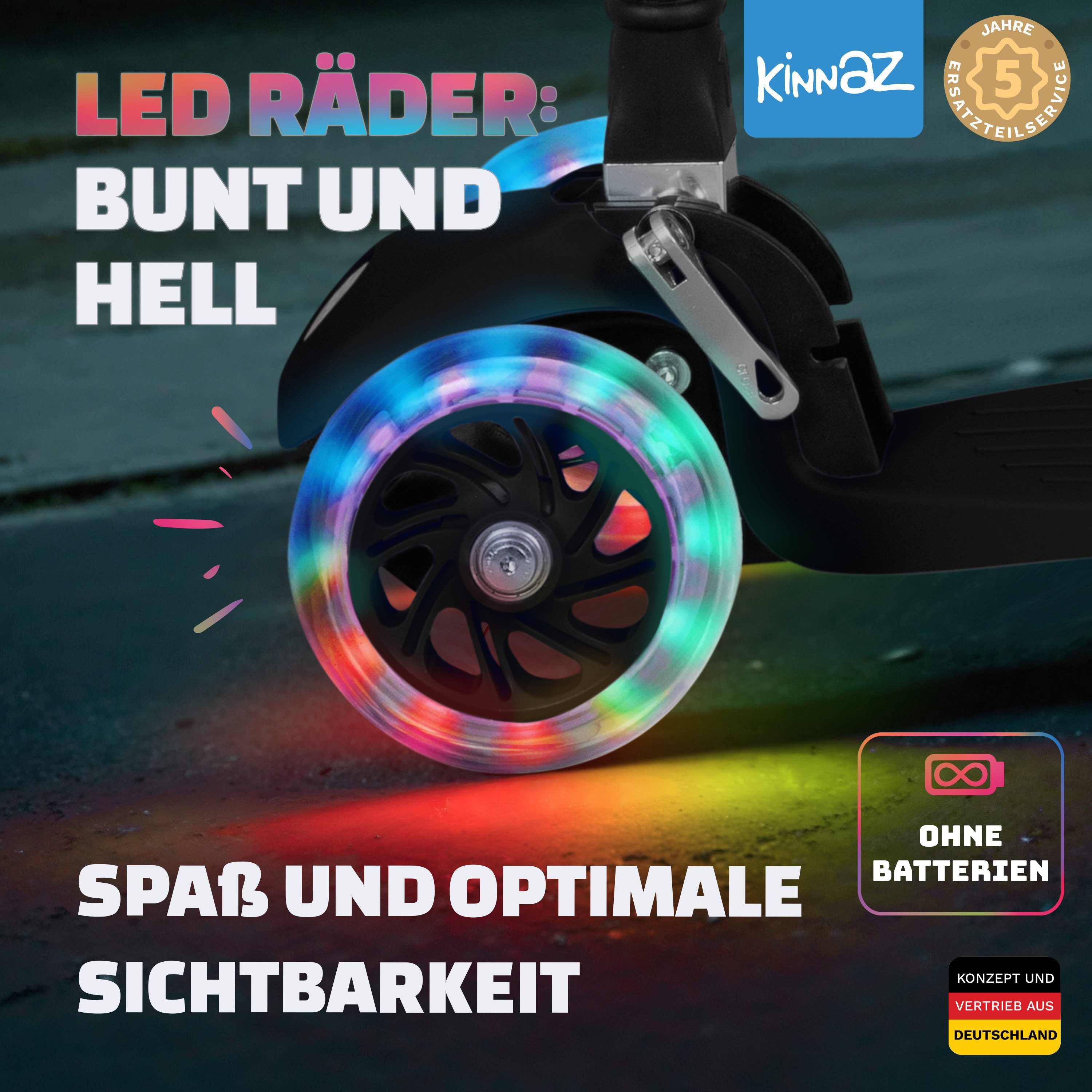 KINNAZ Tretroller Roller Kinder ab 3 Jahre Kinderoller Scooter LED faltbar einstellbar, (Kinderroller, kinnaz ONE), Händler aus Hamburg