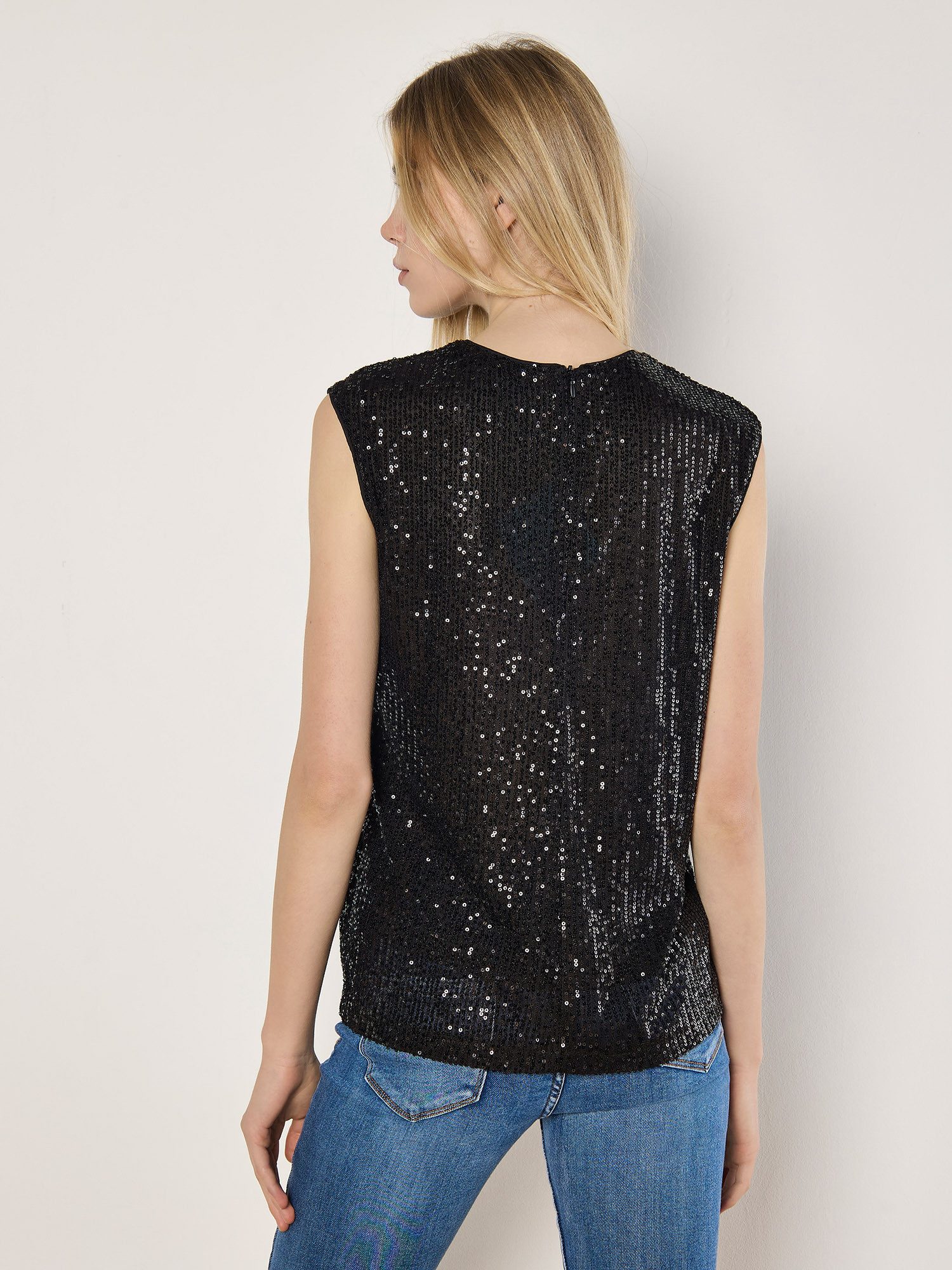 Apricot Paillettenshirt Ärmelloses Pailletten-Top mit Reißverschluss am Rücken – Bild 4 von 4