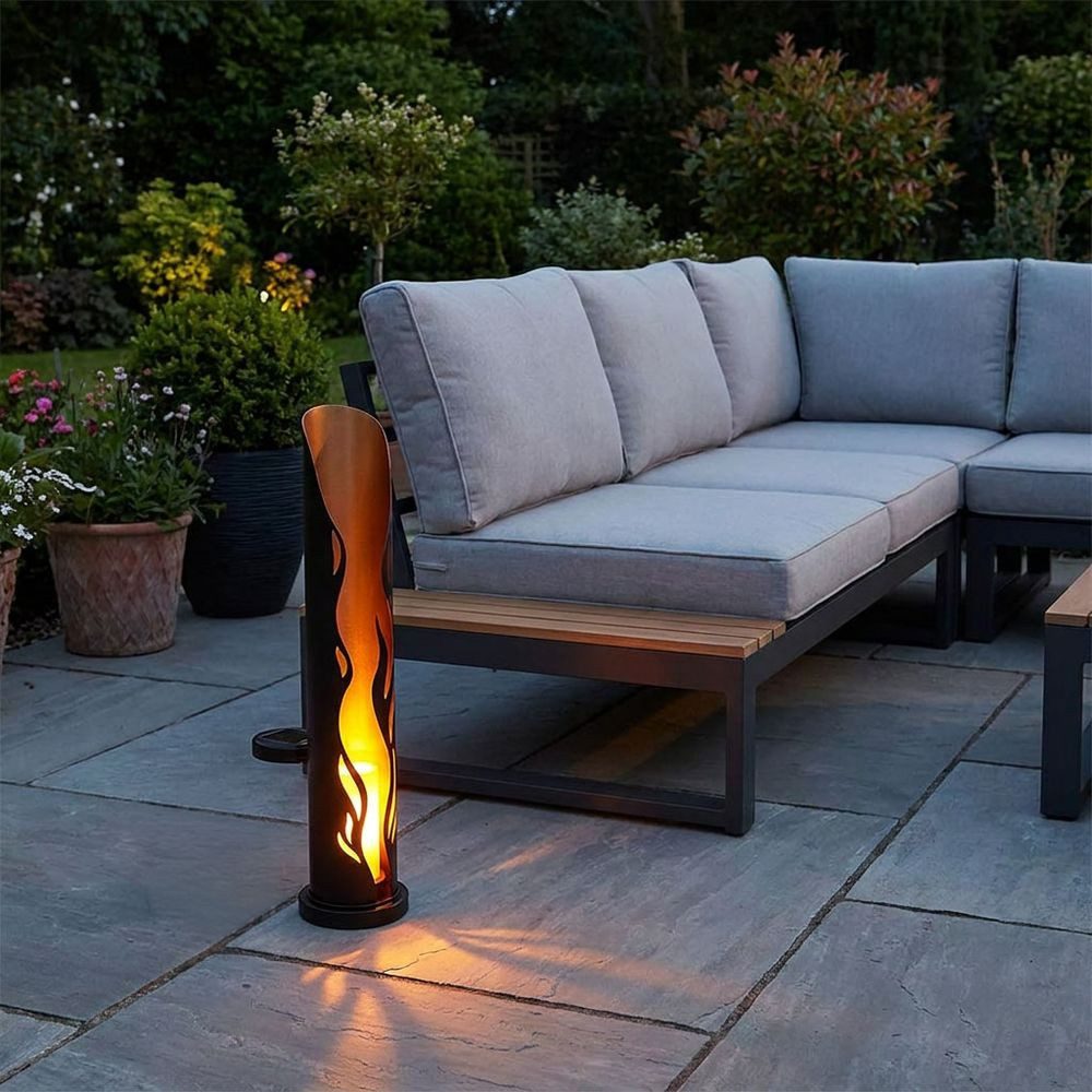 Harms Import LED Solarleuchte, LED-Leuchtmittel fest verbaut, LED Solarleuchte Stahl schwarz gold Feuer-Effekt Gelb IP44 Höhe 49cm