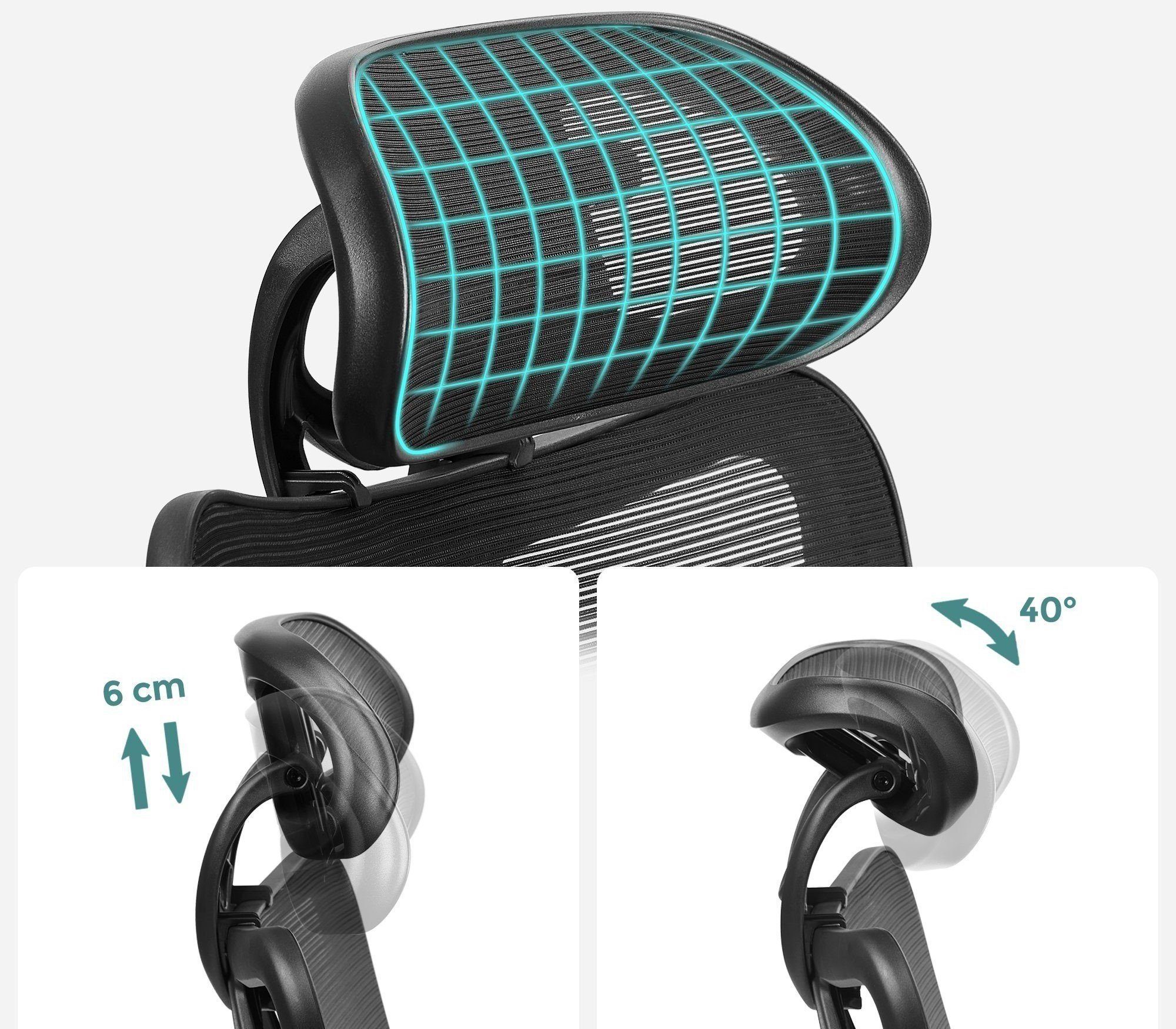 Lendenstütze ergonomisch, und Kopfstütze schwarz SONGMICS Bürostuhl, verstellbare