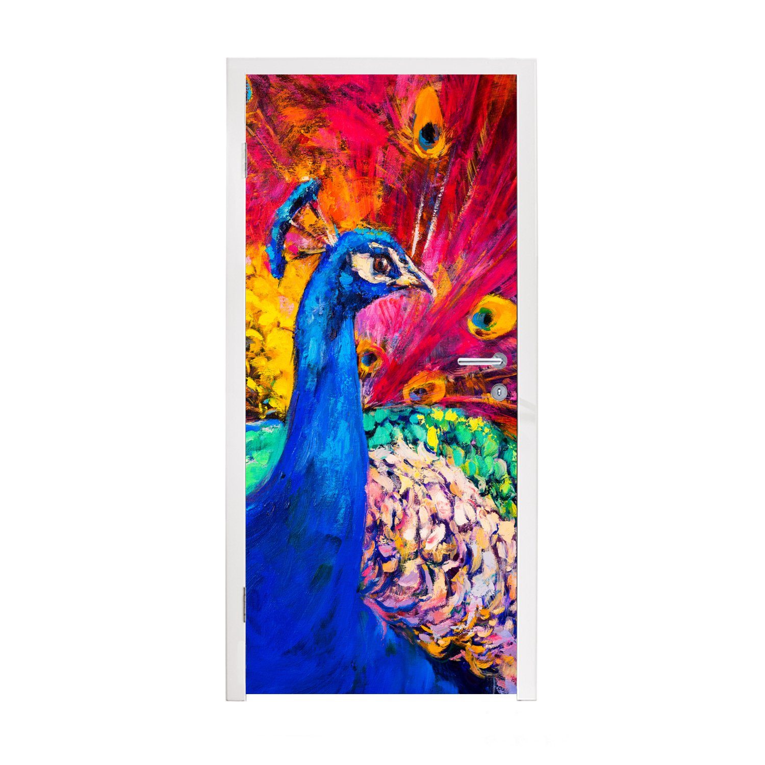 - - Ölgemälde, - bedruckt, 75x205 MuchoWow cm Vogel Türaufkleber, Fototapete Gemälde Matt, für Pfau Tür, Türtapete St), (1