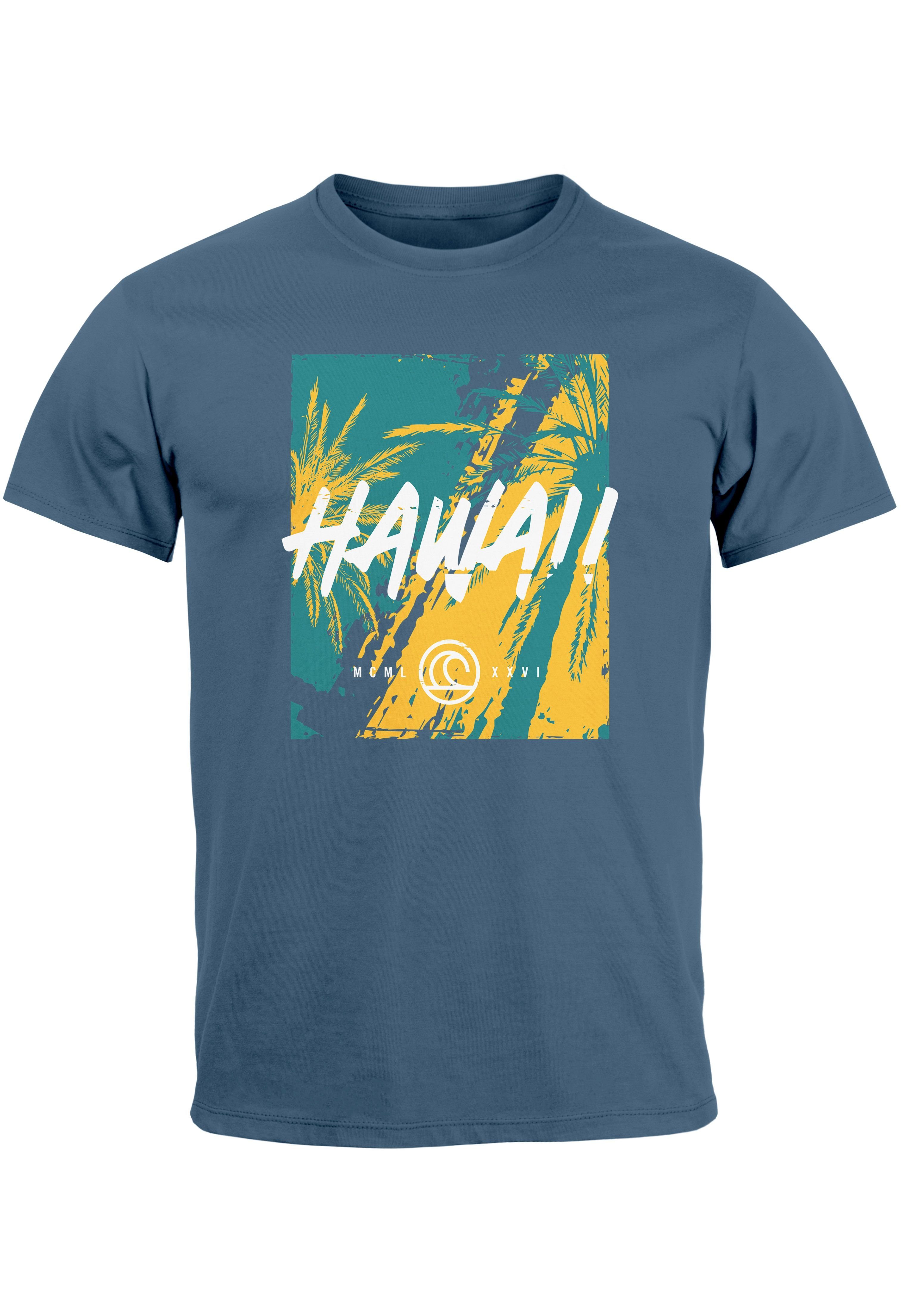 Neverless Print-Shirt Herren T-Shirt Hawaii Surfing Palmen Aufdruck Sommer Print Fashion Str mit Print denim blue