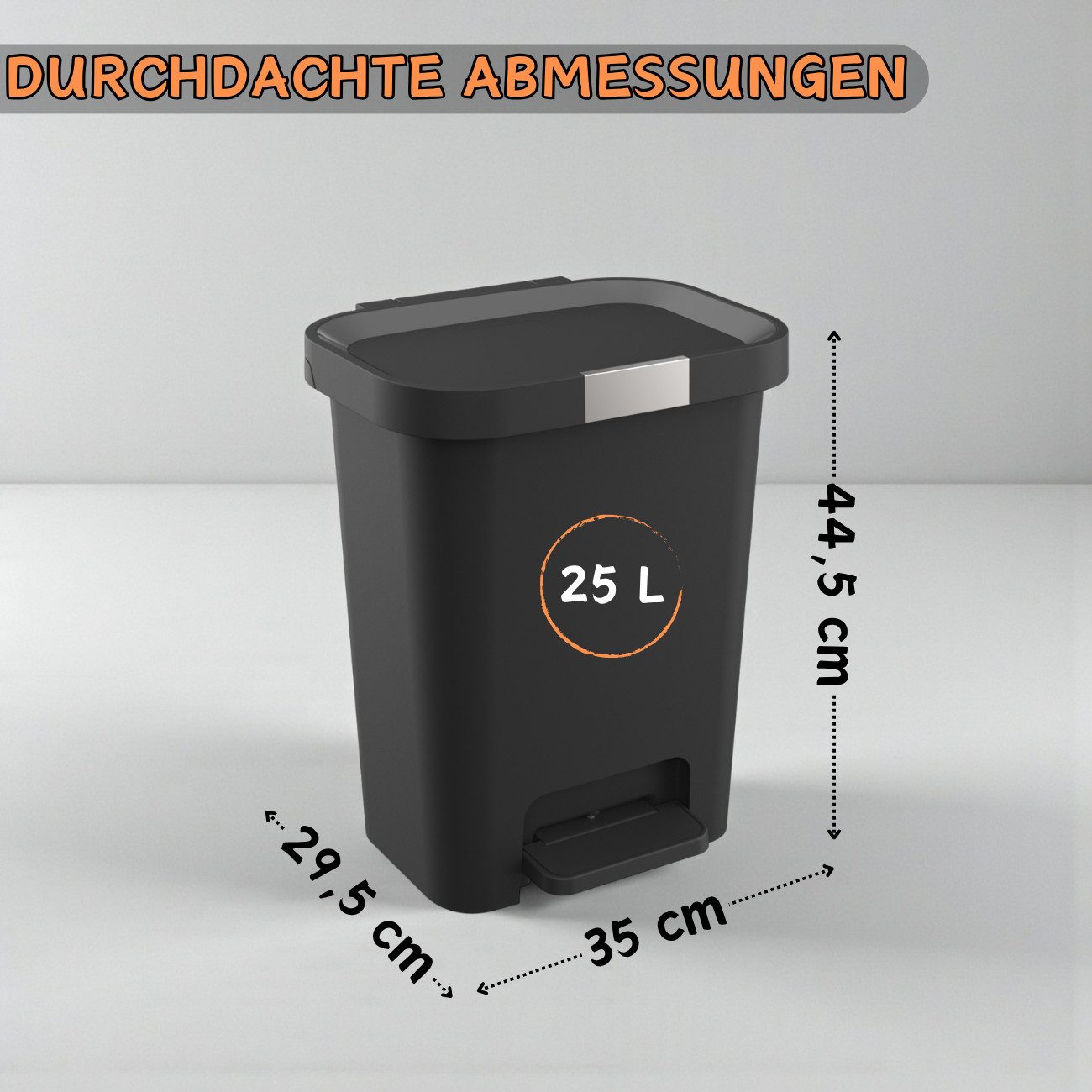 Engelland Mülleimer Abfalleimer mit Deckel und Pedal, 25 L, Treteimer, Soft-Close, verschließbarer Deckel, rutschfeste Füße