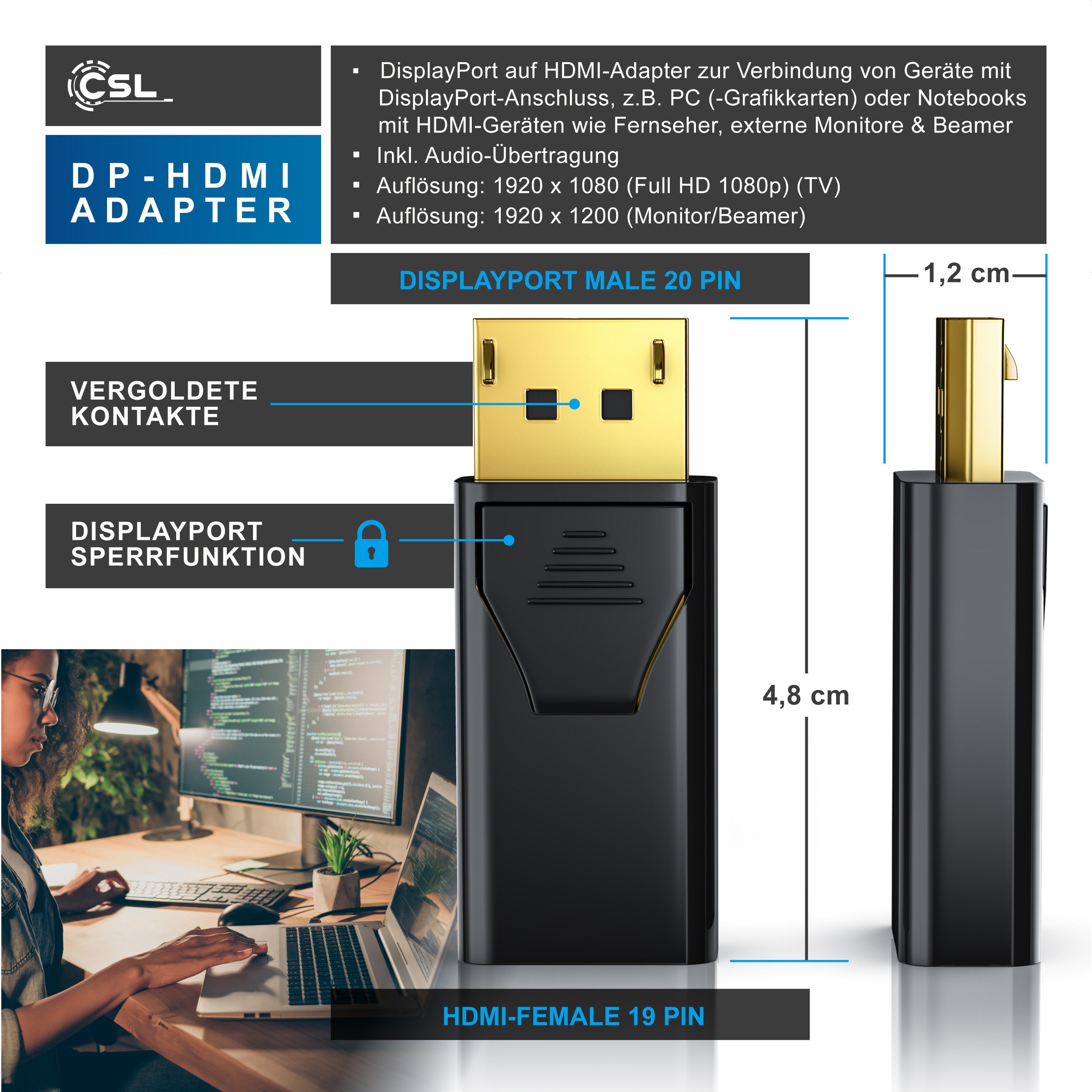 CSL Ultra HD 4k DisplayPort zu HDMI Konverter, PC & Mac Audio- & Video-Adapter DisplayPort zu HDMI Typ A, 4K x 2K @ 30Hz, 32 Bit True Color, Full HD 1080p, vergoldete Kontakte